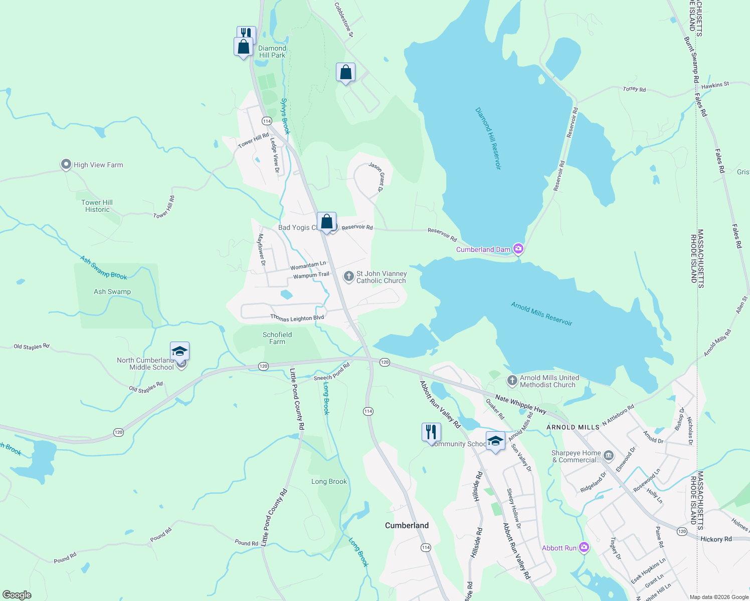 map of restaurants, bars, coffee shops, grocery stores, and more near 14 Metcalf Drive in Cumberland