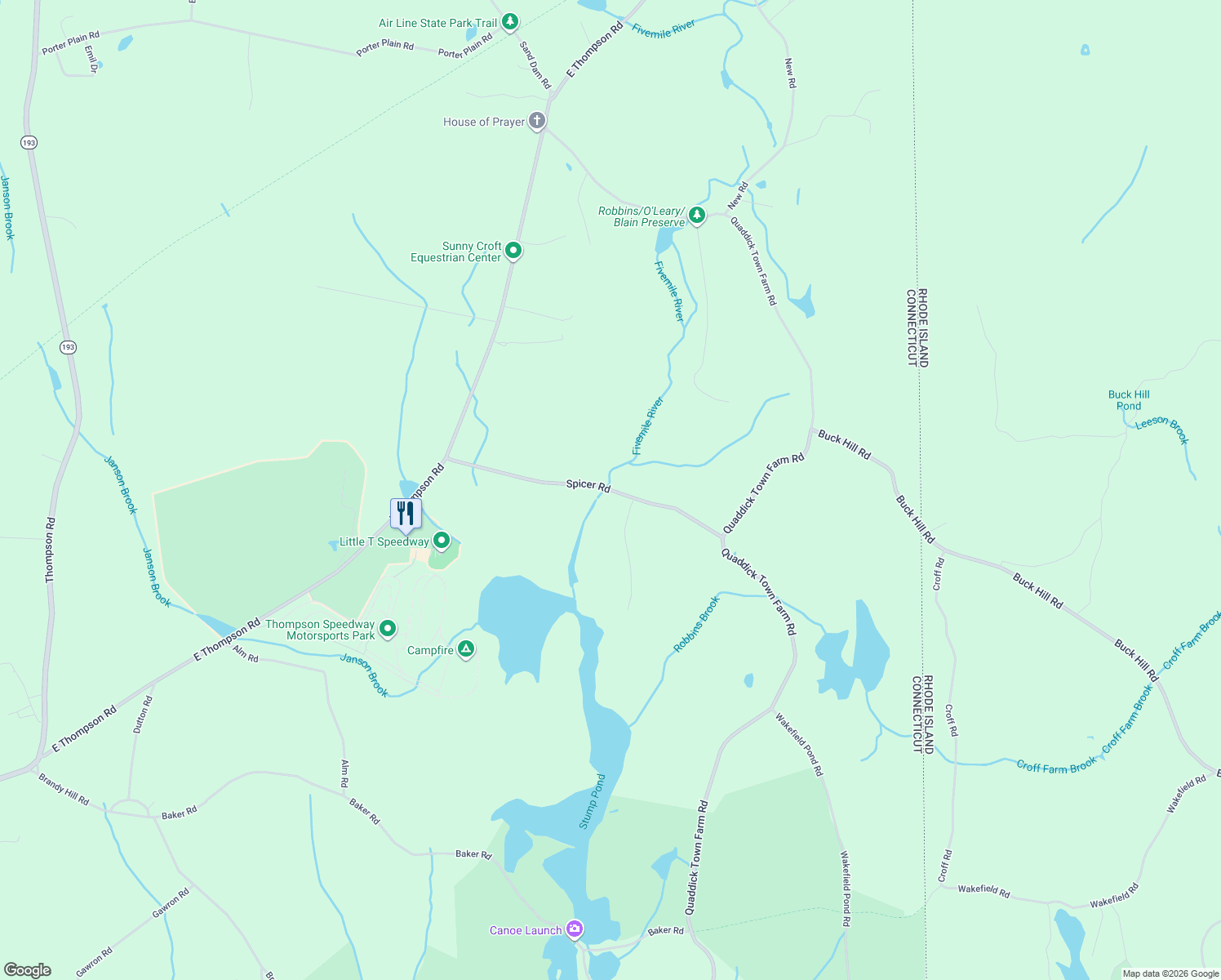map of restaurants, bars, coffee shops, grocery stores, and more near 116 Spicer Road in Thompson