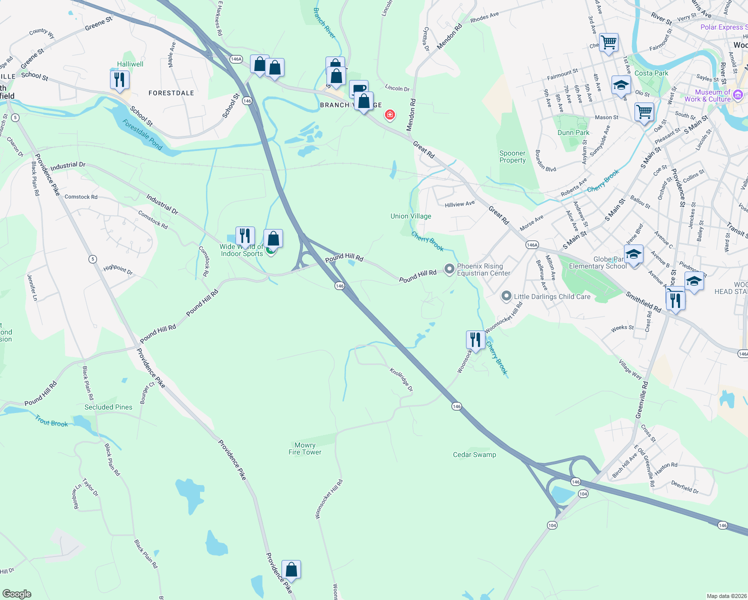map of restaurants, bars, coffee shops, grocery stores, and more near 28 Old Pound Hill Road in North Smithfield