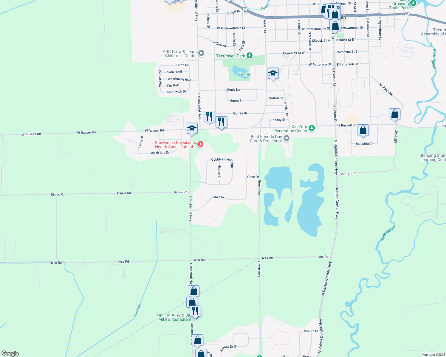 map of restaurants, bars, coffee shops, grocery stores, and more near 6602 Hidden Ln in Tecumseh