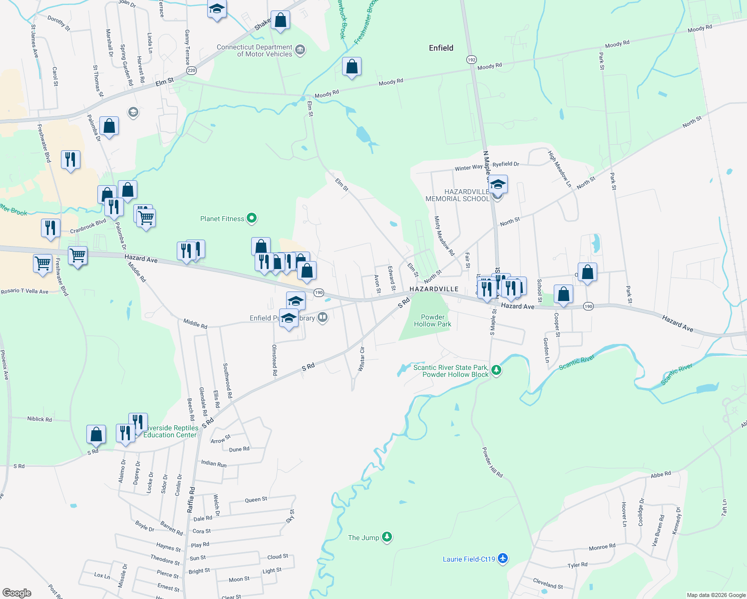 map of restaurants, bars, coffee shops, grocery stores, and more near 206 Hazard Avenue in Enfield