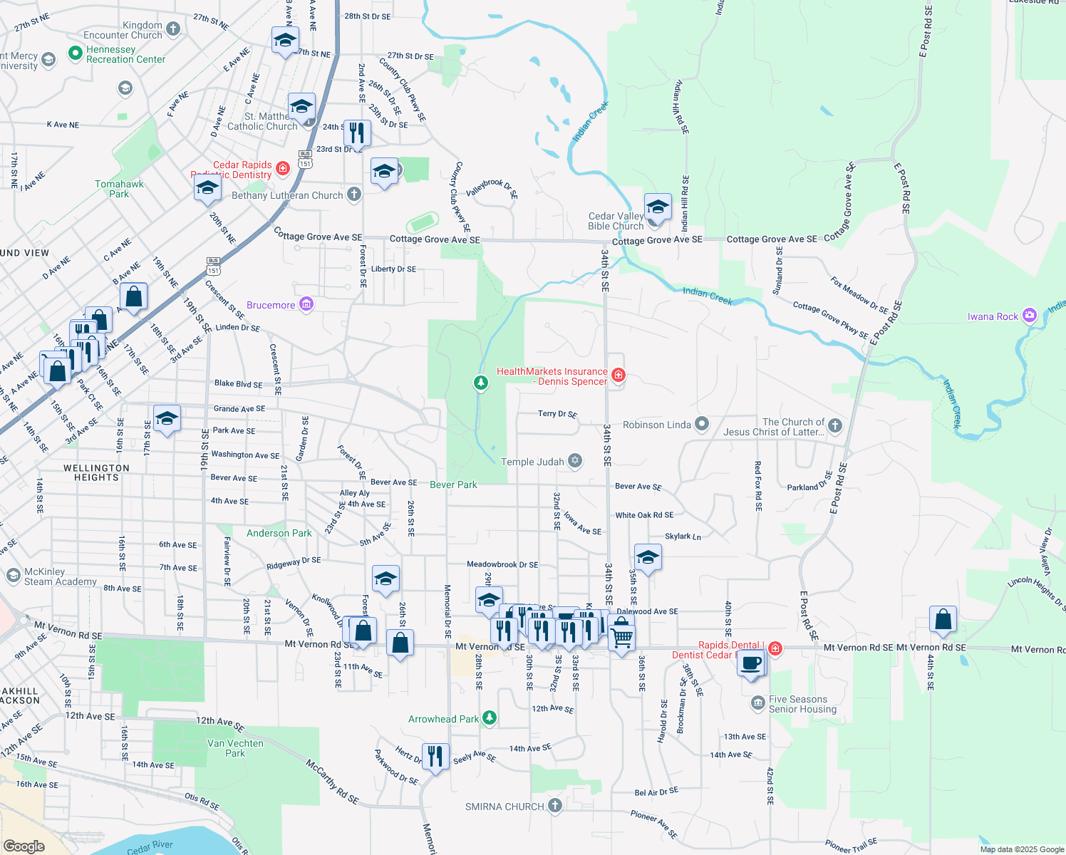 map of restaurants, bars, coffee shops, grocery stores, and more near 3024 Ridgemore Dr SE in Cedar Rapids