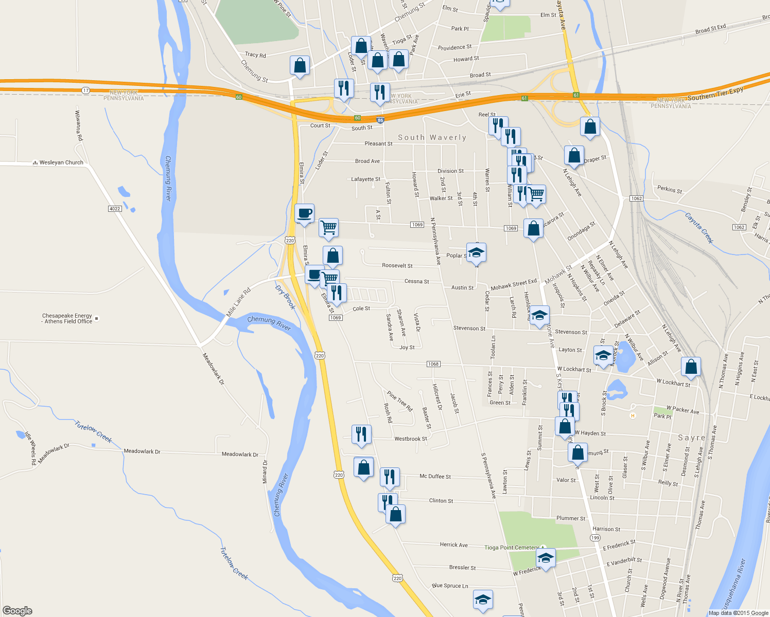 map of restaurants, bars, coffee shops, grocery stores, and more near 118 Cole Street in Sayre