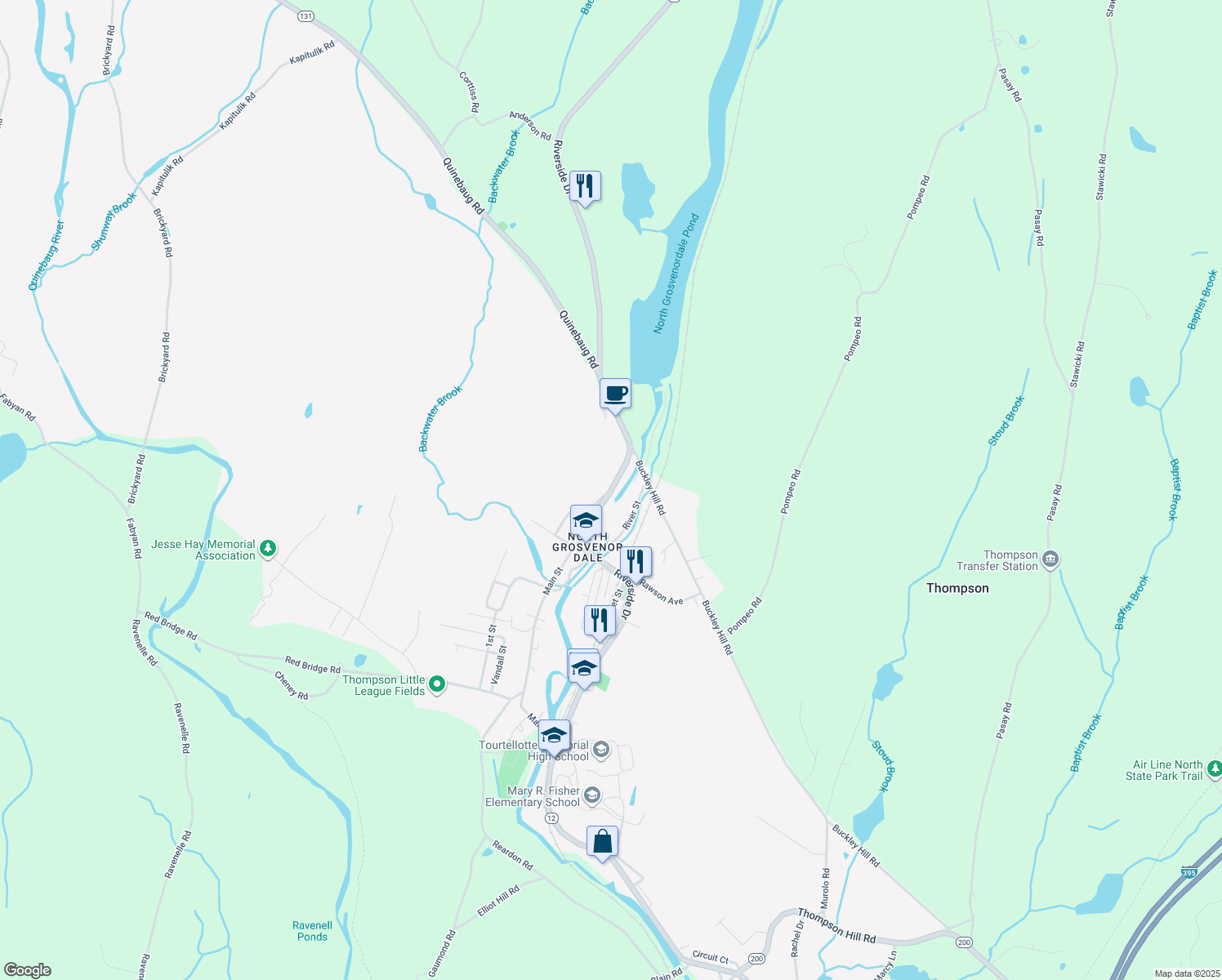 map of restaurants, bars, coffee shops, grocery stores, and more near 954 Riverside Drive in Thompson