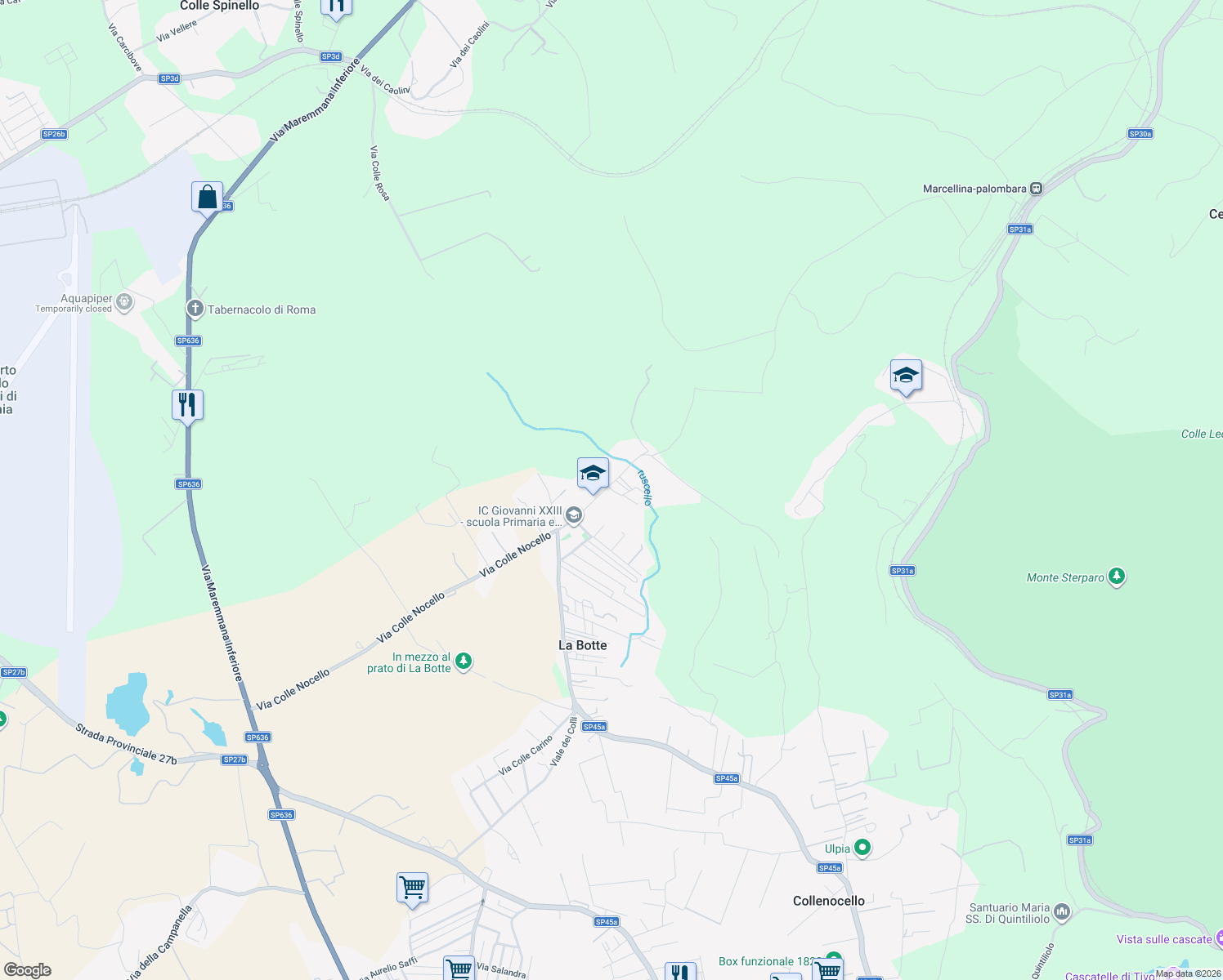 map of restaurants, bars, coffee shops, grocery stores, and more near 26 Via Colle Mitriano in Guidonia