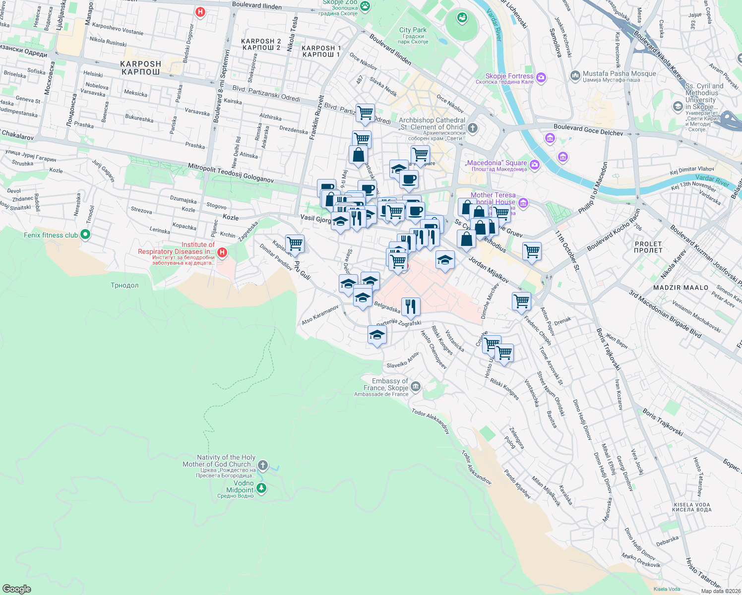 map of restaurants, bars, coffee shops, grocery stores, and more near Vodnjanska in Skopje