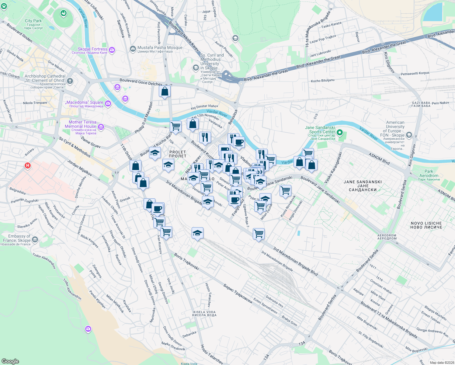 map of restaurants, bars, coffee shops, grocery stores, and more near Simeon Kavrakirov in Skopje