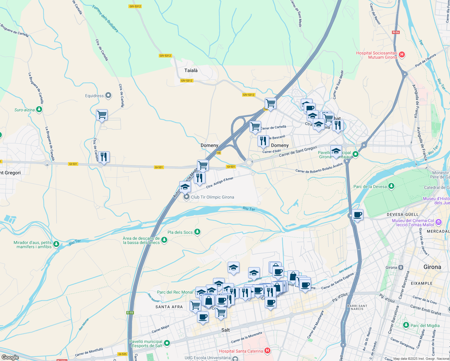 map of restaurants, bars, coffee shops, grocery stores, and more near 3 Carretera Antiga d'Amer in Girona