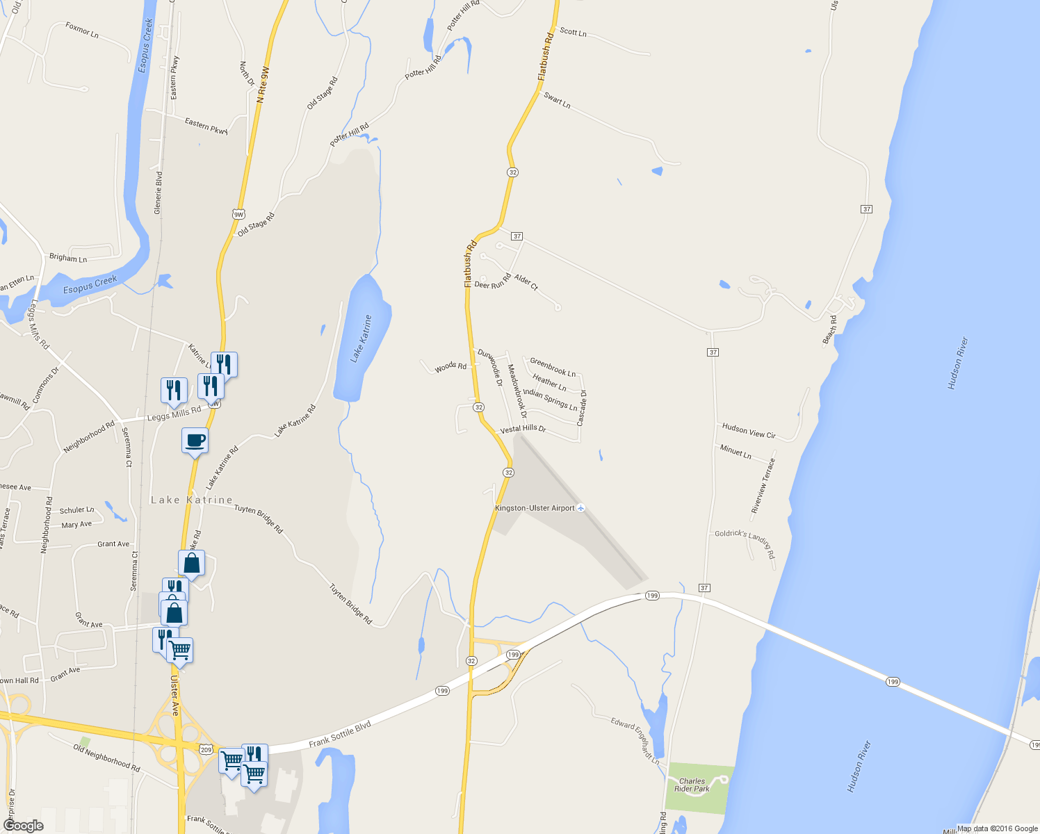 map of restaurants, bars, coffee shops, grocery stores, and more near 5 Meadowbrook Drive in Kingston