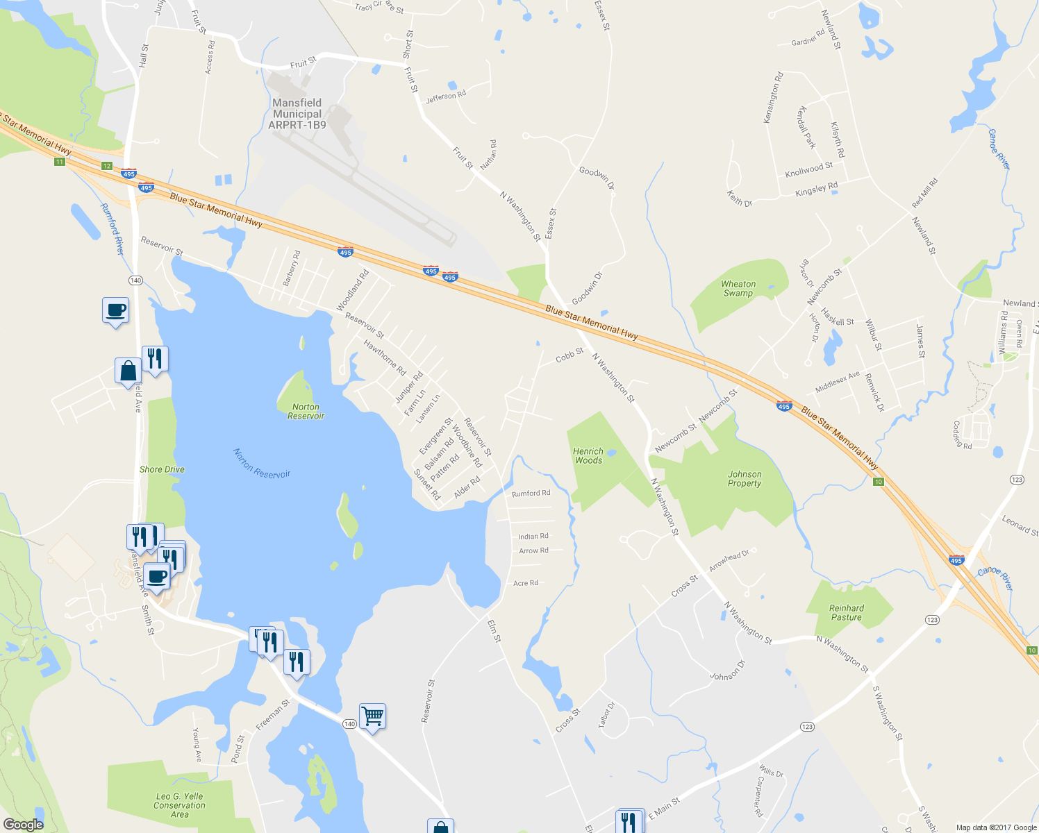 map of restaurants, bars, coffee shops, grocery stores, and more near 48 Cobb Street in Norton