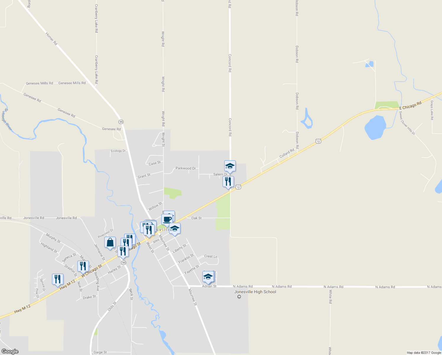 map of restaurants, bars, coffee shops, grocery stores, and more near 626 Cabot Circle in Jonesville