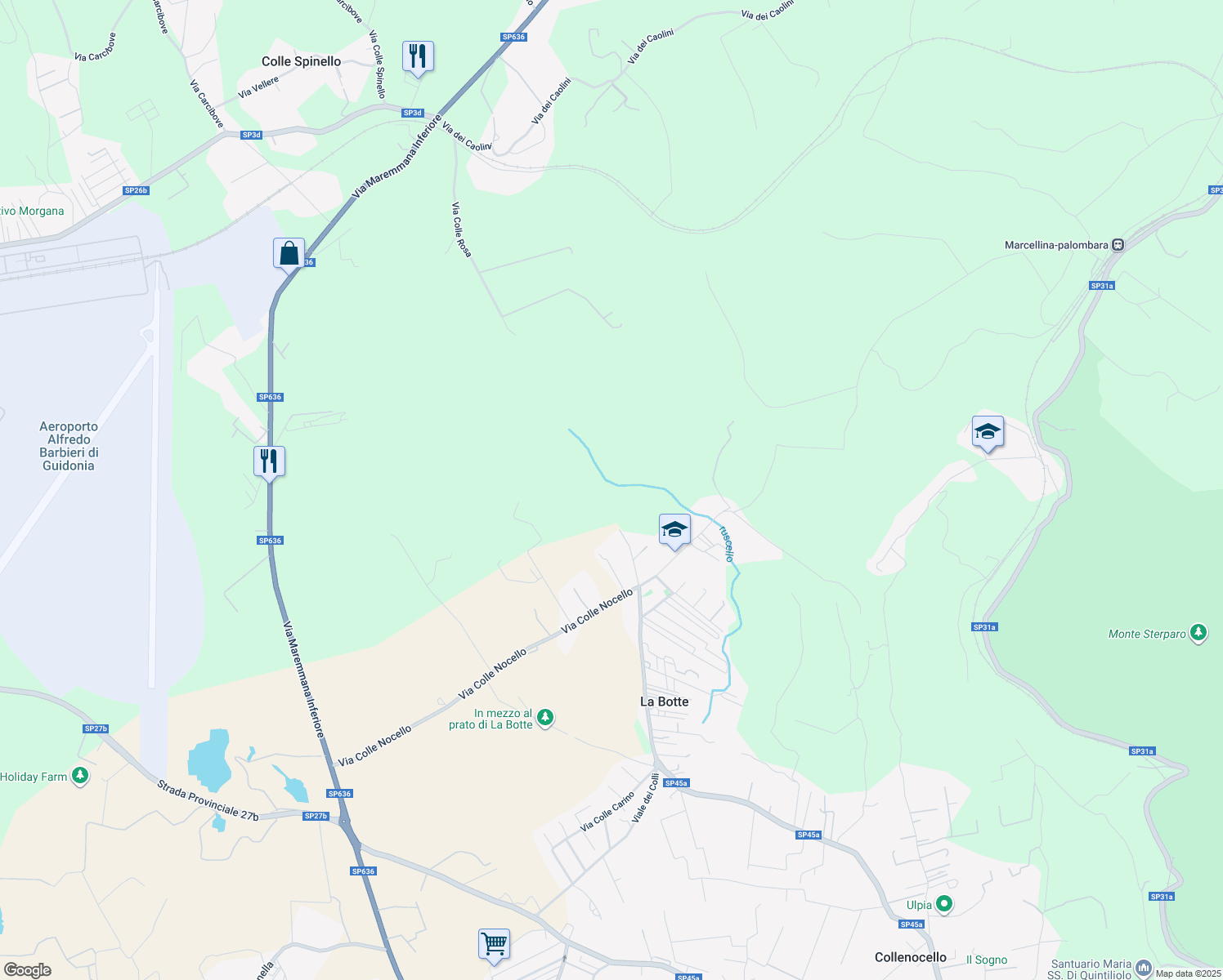 map of restaurants, bars, coffee shops, grocery stores, and more near 12 Via Colle Rosa in Città metropolitana di Roma Capitale