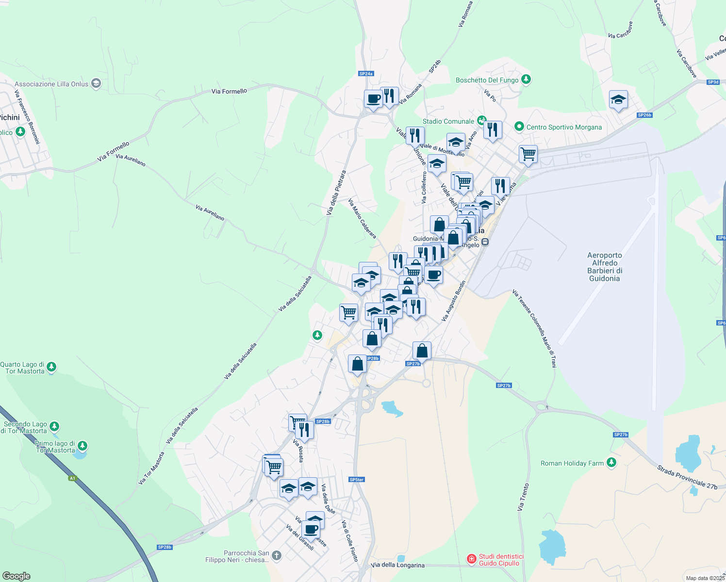 map of restaurants, bars, coffee shops, grocery stores, and more near 7 Via Muzio Scevola in Guidonia Montecelio