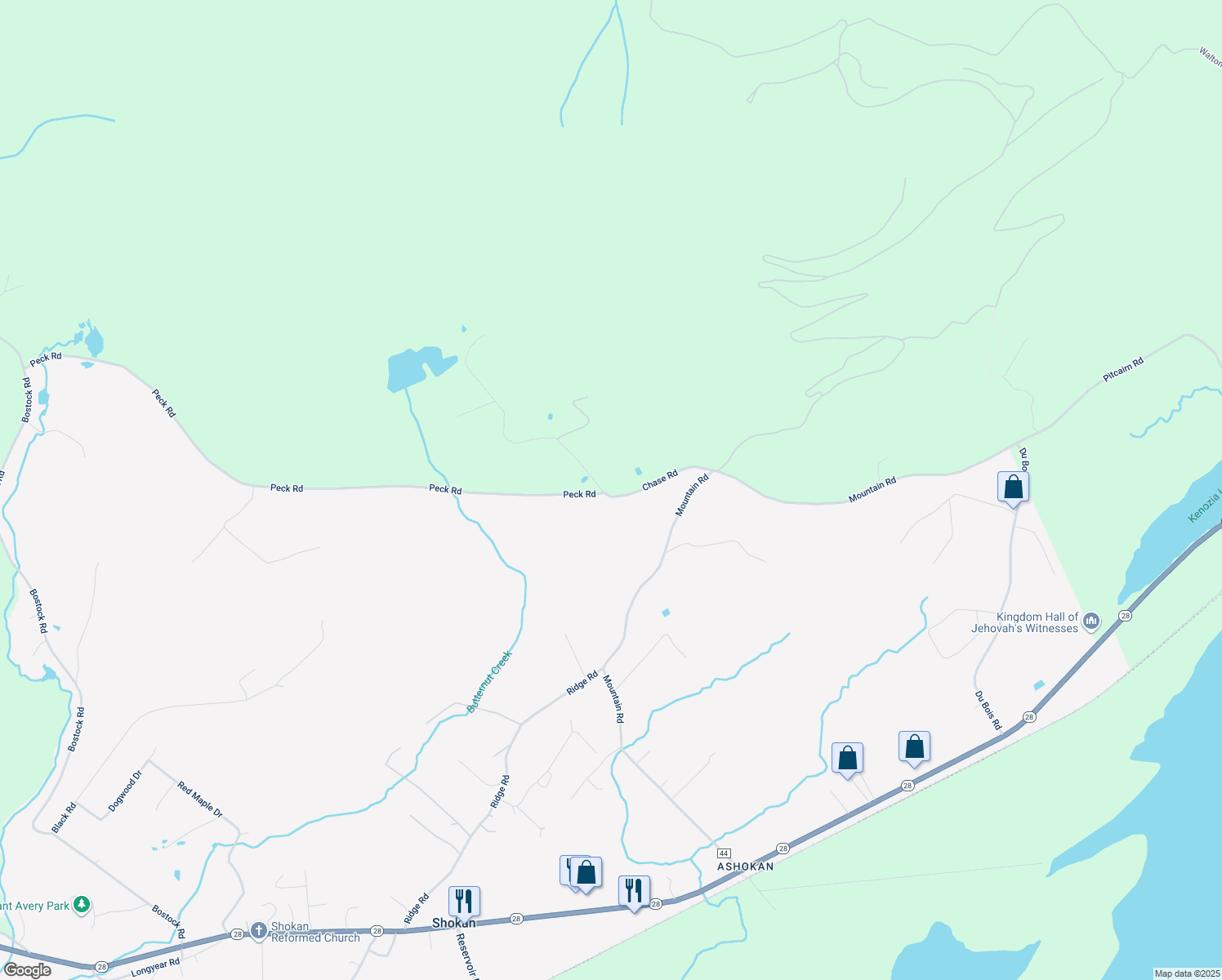 map of restaurants, bars, coffee shops, grocery stores, and more near 64 Chase Road in Shokan