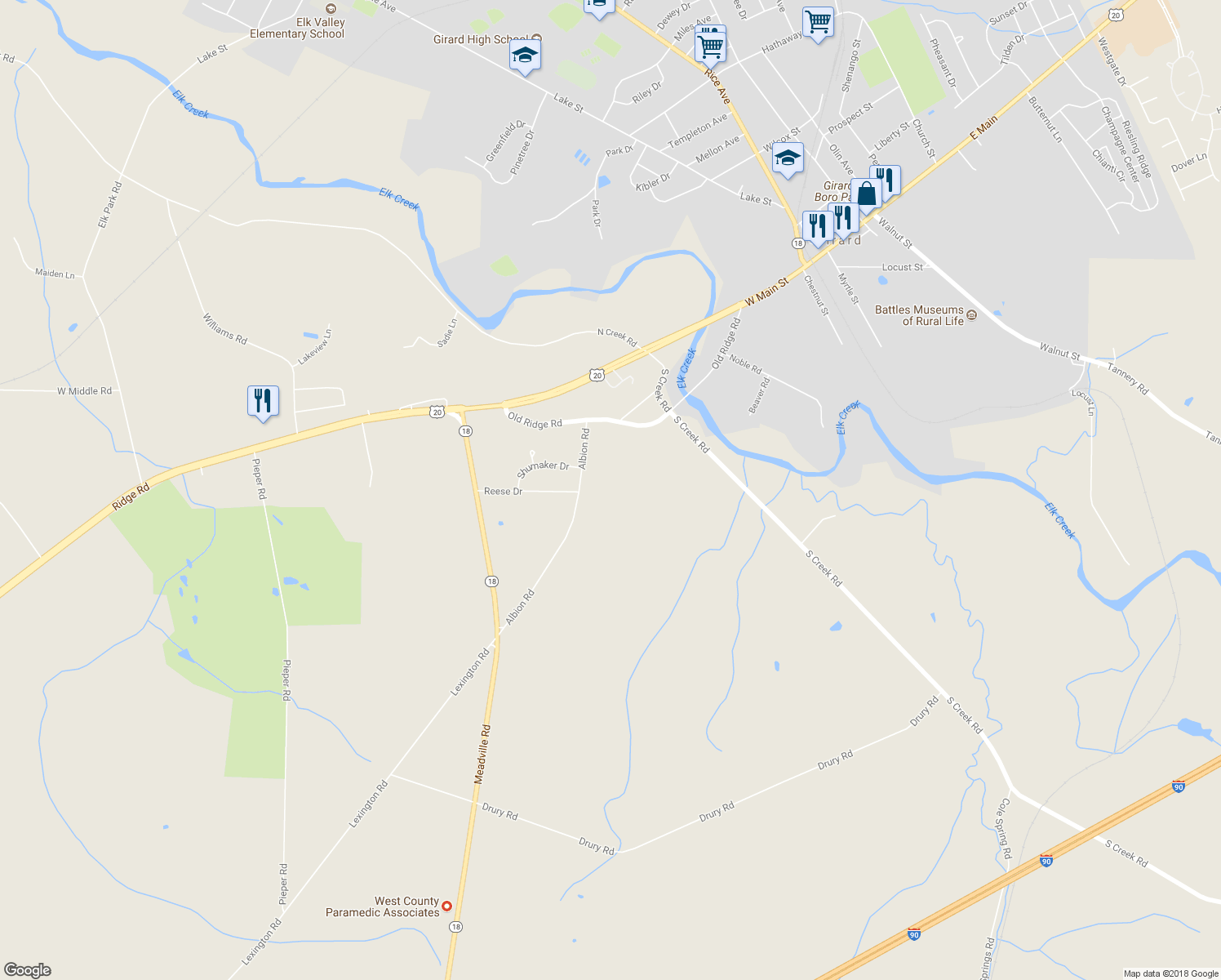 map of restaurants, bars, coffee shops, grocery stores, and more near 5209 Albion Rd in Girard