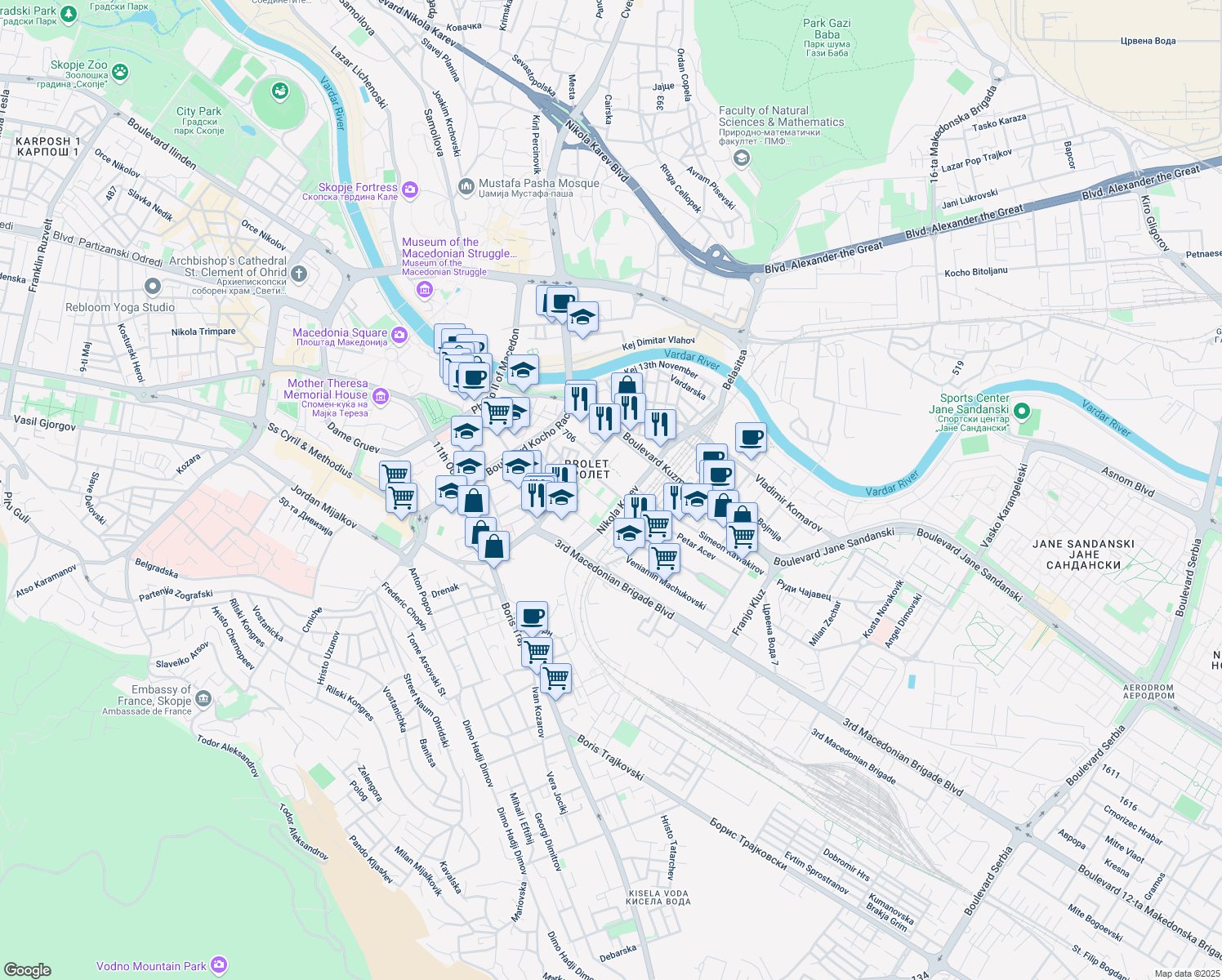 map of restaurants, bars, coffee shops, grocery stores, and more near Stale Popov in Skopje