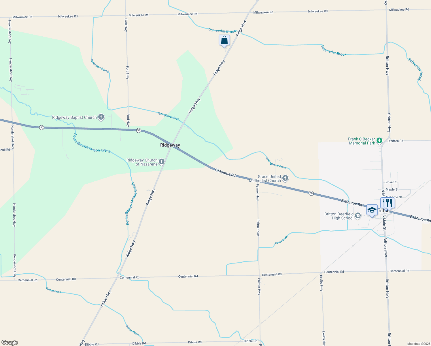 map of restaurants, bars, coffee shops, grocery stores, and more near 8759 E Monroe Rd in Britton
