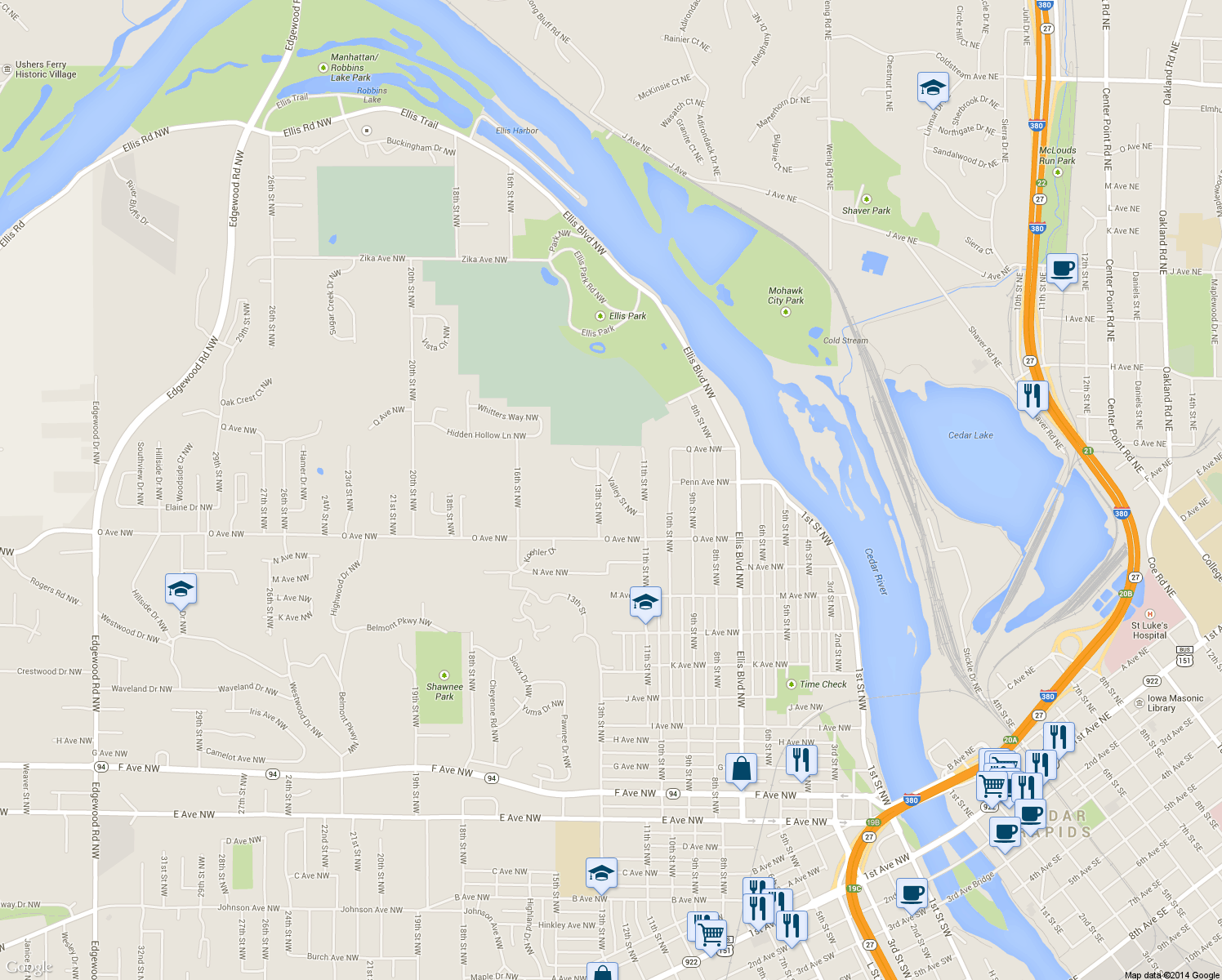 map of restaurants, bars, coffee shops, grocery stores, and more near 1674 Valley Street Northwest in Cedar Rapids