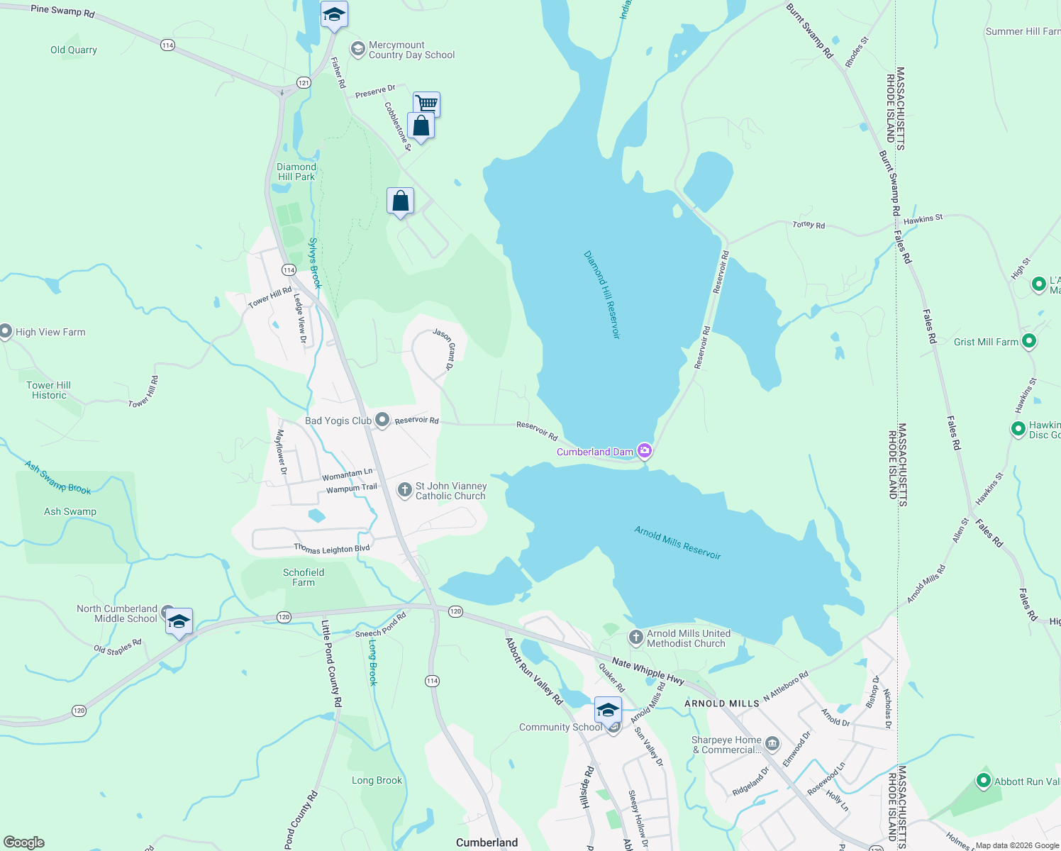 map of restaurants, bars, coffee shops, grocery stores, and more near 38 Reservoir Road in Cumberland
