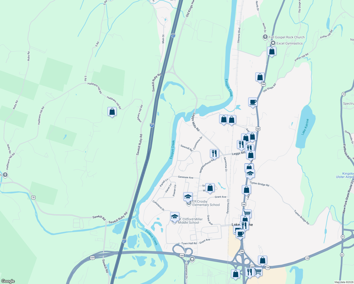 map of restaurants, bars, coffee shops, grocery stores, and more near 198 Sawmill Rd in Lake Katrine