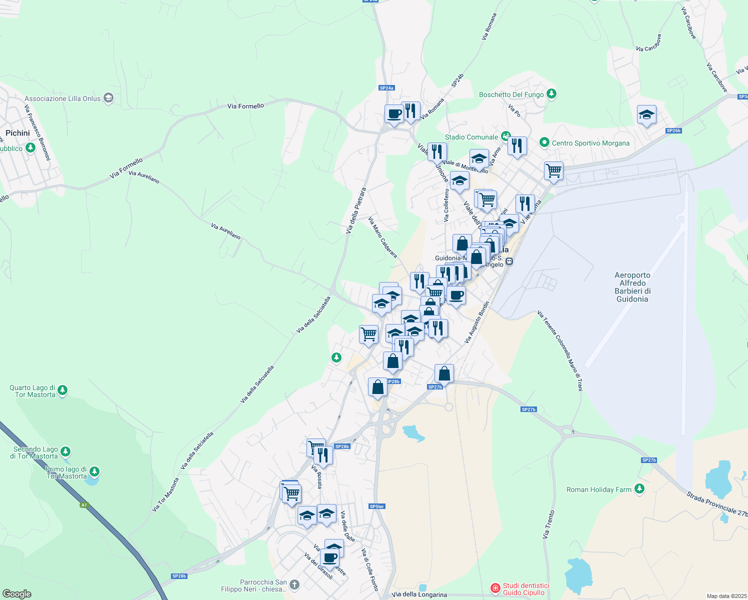 map of restaurants, bars, coffee shops, grocery stores, and more near 7 Via Muzio Scevola in Guidonia Montecelio