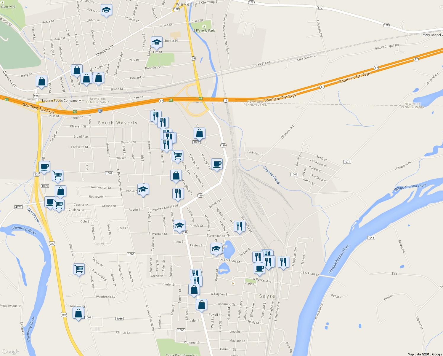 map of restaurants, bars, coffee shops, grocery stores, and more near 101 Rte 199 in Sayre