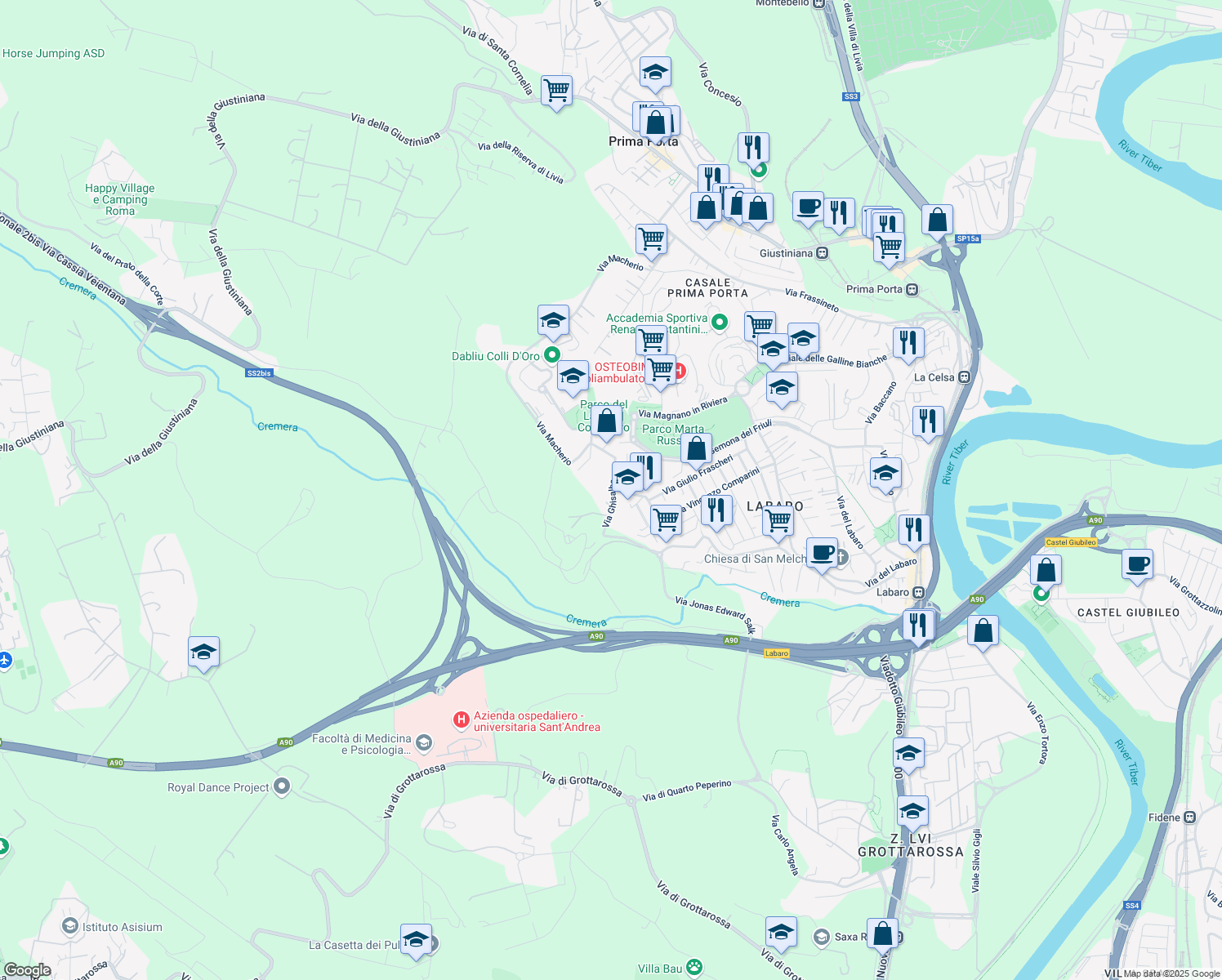 map of restaurants, bars, coffee shops, grocery stores, and more near 138-140 Via Ghisalba in Rome