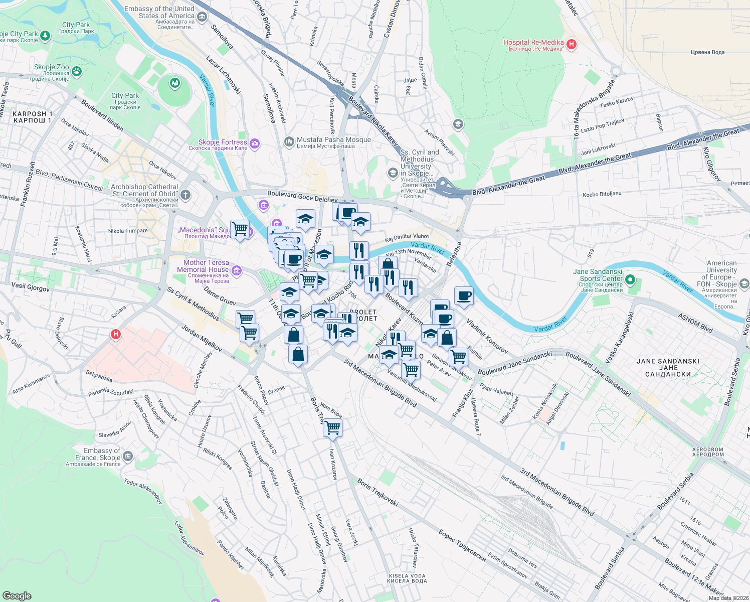 map of restaurants, bars, coffee shops, grocery stores, and more near Boulevard Krushevska Republika in Skopje