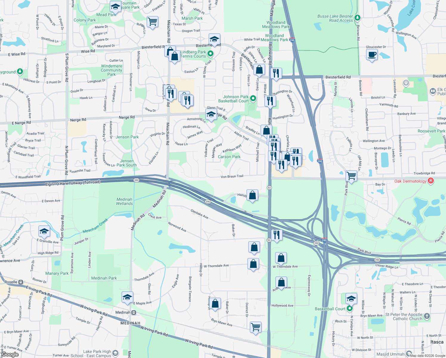 map of restaurants, bars, coffee shops, grocery stores, and more near 1635 Von Braun Trail in Elk Grove Village