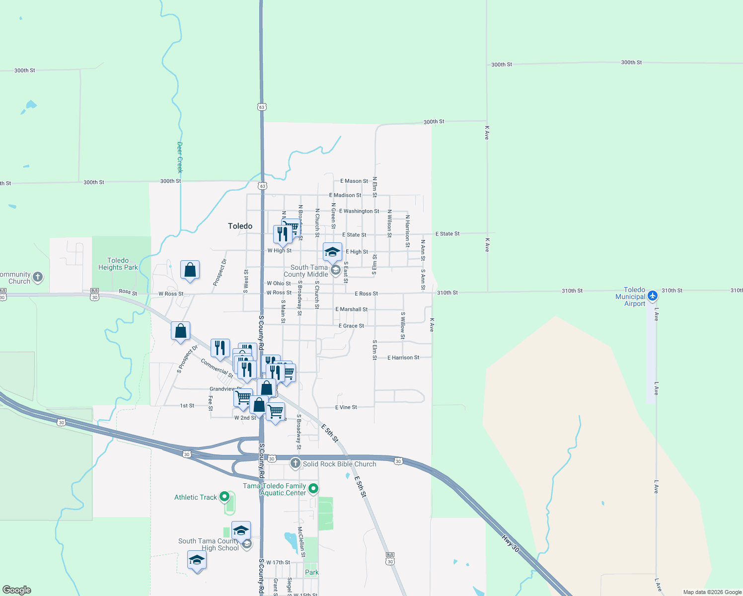 map of restaurants, bars, coffee shops, grocery stores, and more near 610 E Ross St in Toledo