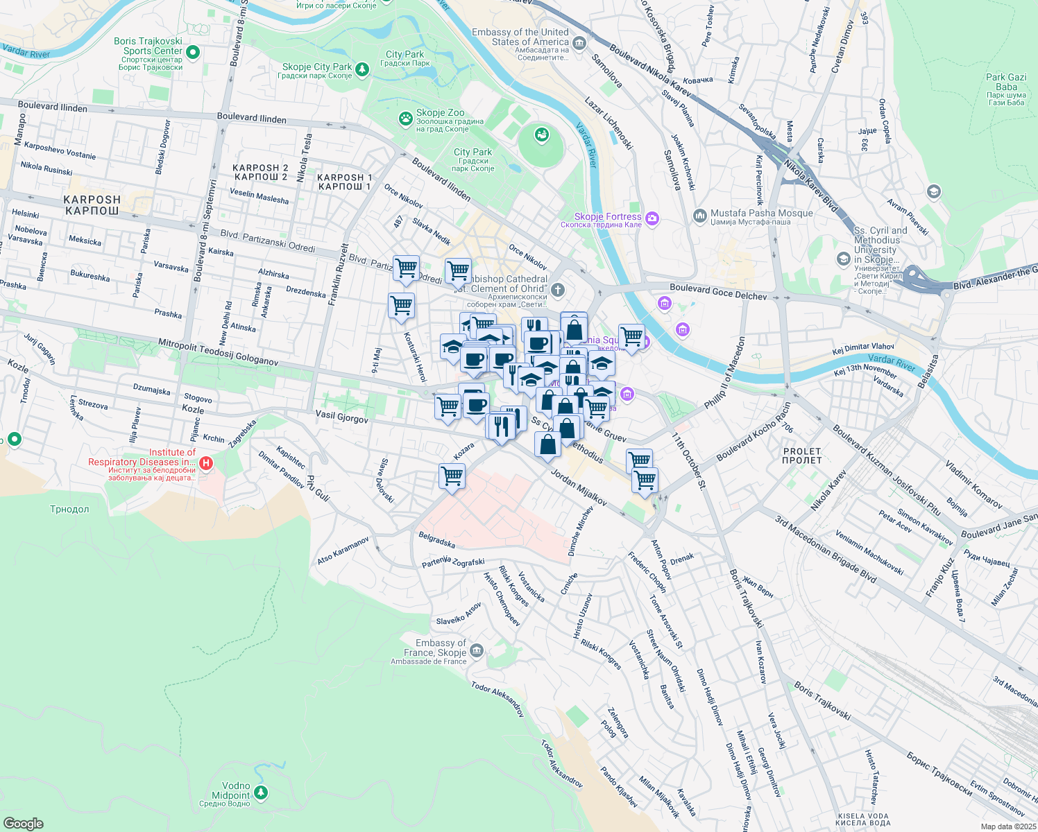 map of restaurants, bars, coffee shops, grocery stores, and more near Mito Hadzivasilev Jasmin in Skopje