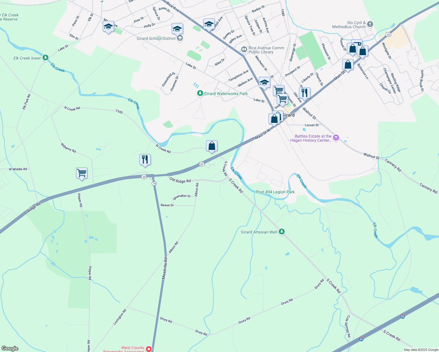 map of restaurants, bars, coffee shops, grocery stores, and more near 9915 Old Ridge Rd in Girard