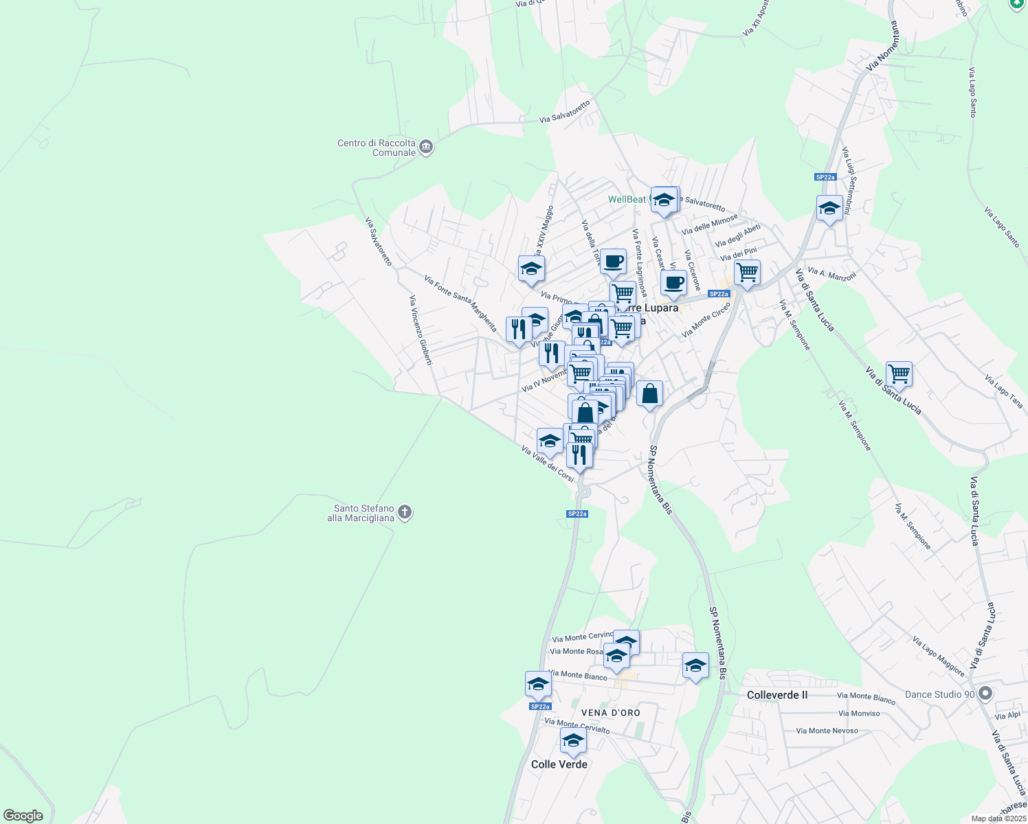 map of restaurants, bars, coffee shops, grocery stores, and more near Via dante Alighieri in Tor Lupara