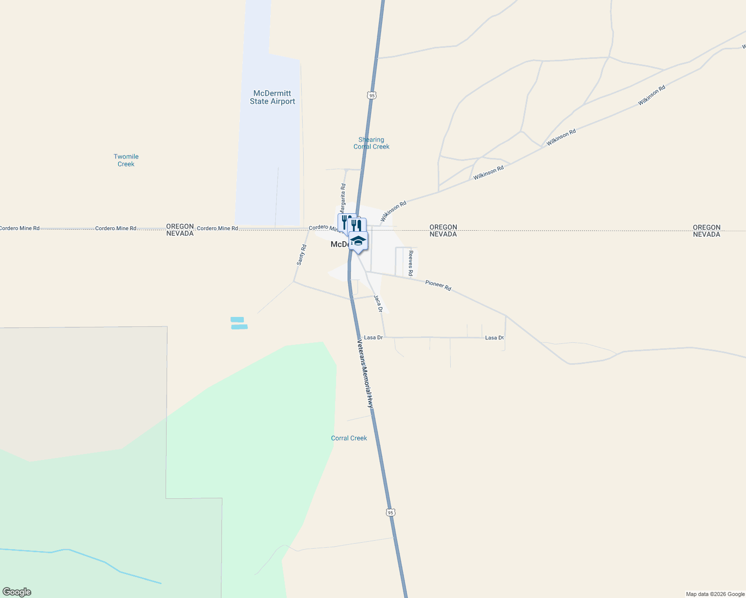 map of restaurants, bars, coffee shops, grocery stores, and more near 340 Jaca Drive in McDermitt