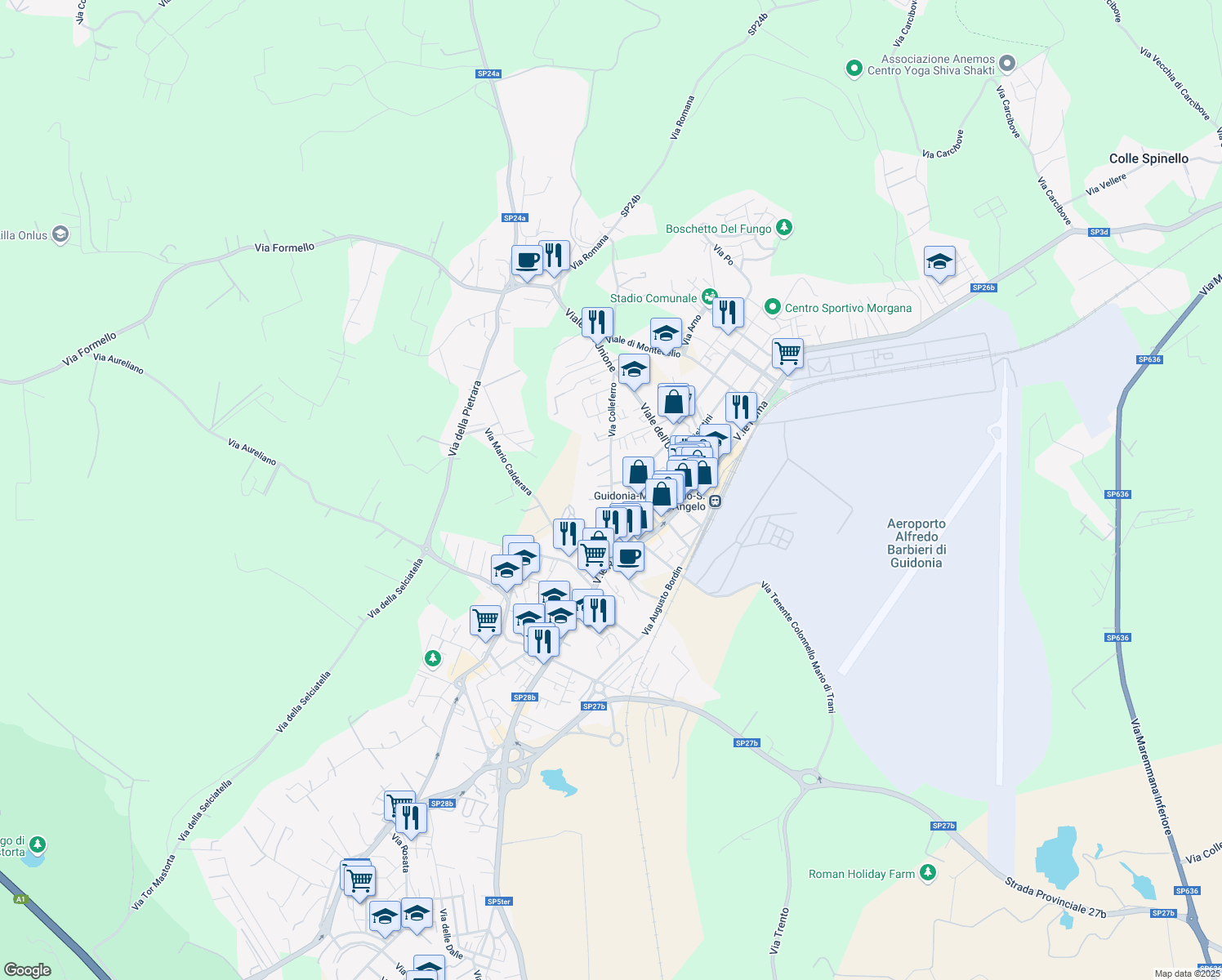 map of restaurants, bars, coffee shops, grocery stores, and more near 67 Via Colle Ferro in Guidonia