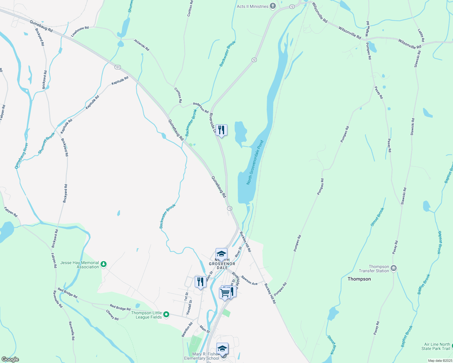 map of restaurants, bars, coffee shops, grocery stores, and more near 1071 Riverside Dr in Thompson