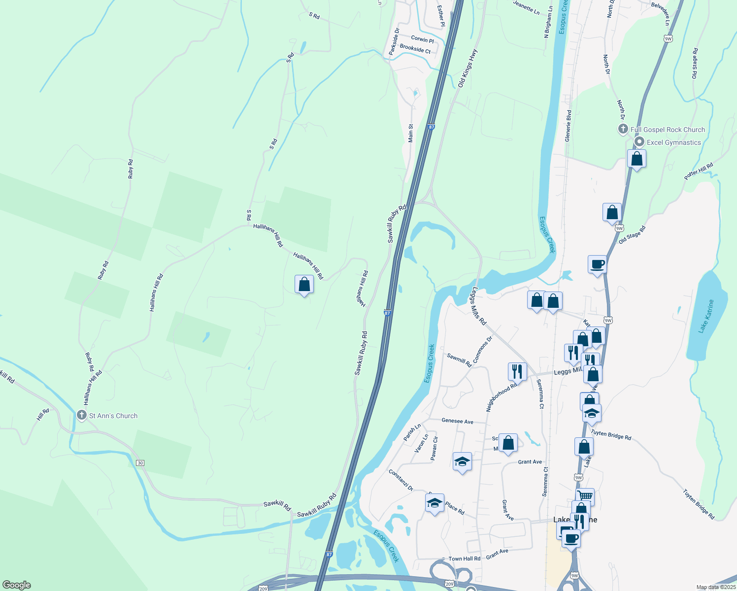 map of restaurants, bars, coffee shops, grocery stores, and more near 2143 Sawkill-Ruby Rd in Lake Katrine