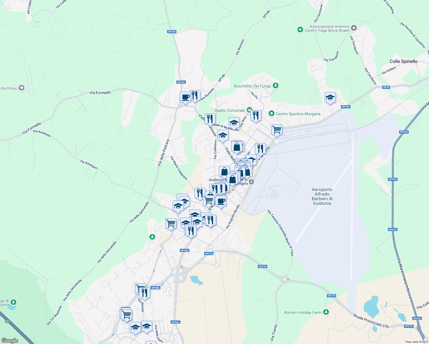 map of restaurants, bars, coffee shops, grocery stores, and more near 67 Via Colle Ferro in Guidonia