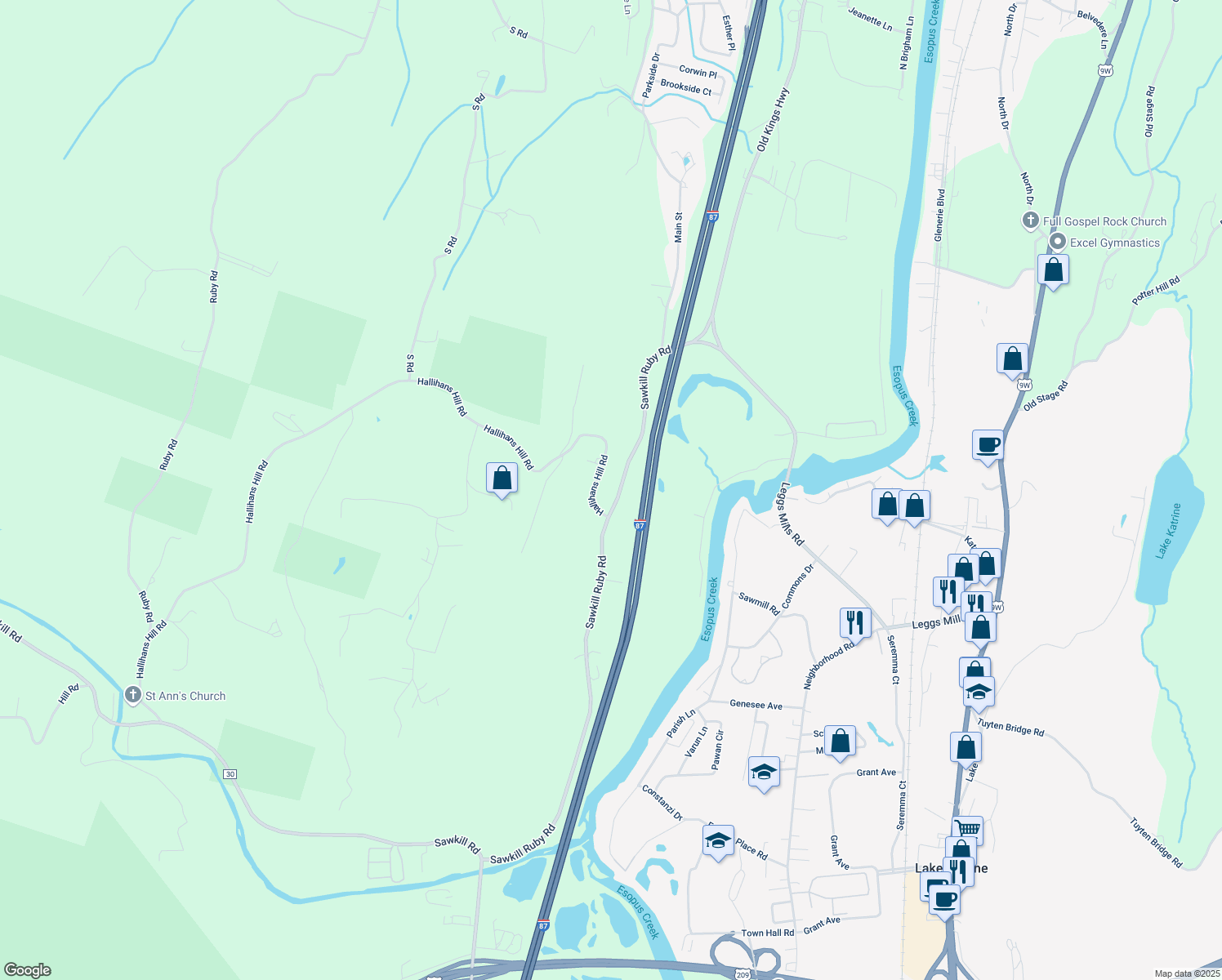 map of restaurants, bars, coffee shops, grocery stores, and more near 2135-2143 Sawkill-Ruby Rd in Lake Katrine
