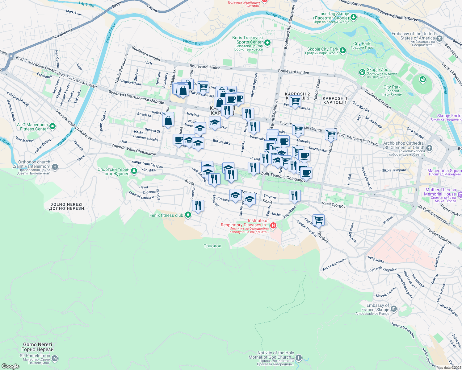 map of restaurants, bars, coffee shops, grocery stores, and more near 9 Mile Pop Jordanov in Skopje