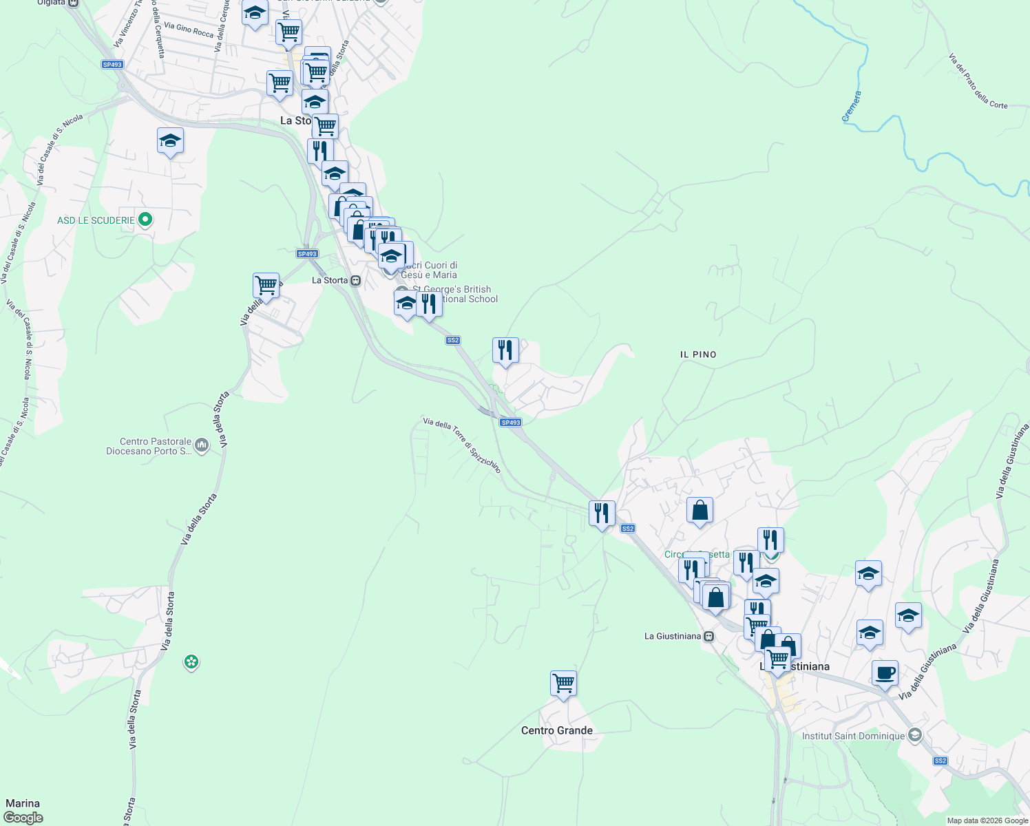 map of restaurants, bars, coffee shops, grocery stores, and more near 1530 Via Cassia in Rome