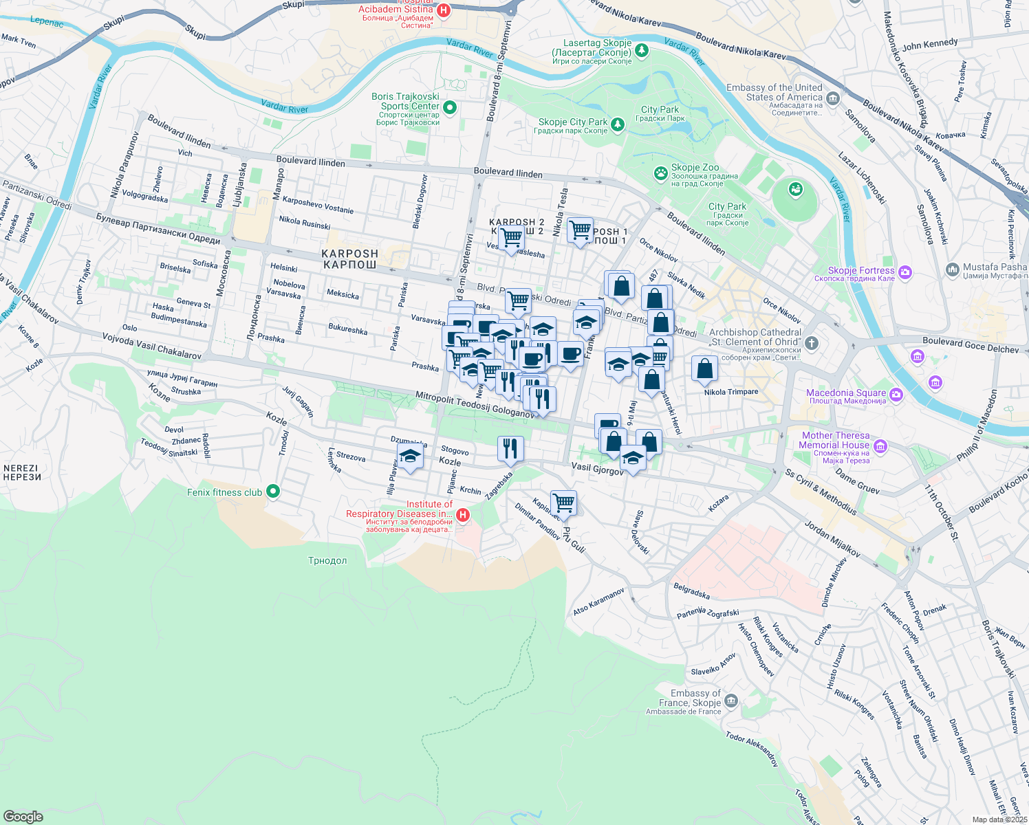 map of restaurants, bars, coffee shops, grocery stores, and more near Mitropolit Teodosij Gologanov in Skopje