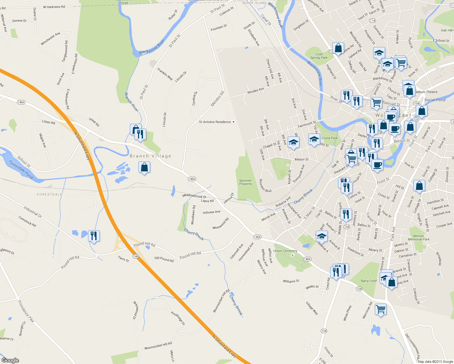 map of restaurants, bars, coffee shops, grocery stores, and more near 10 Heroux Drive in North Smithfield