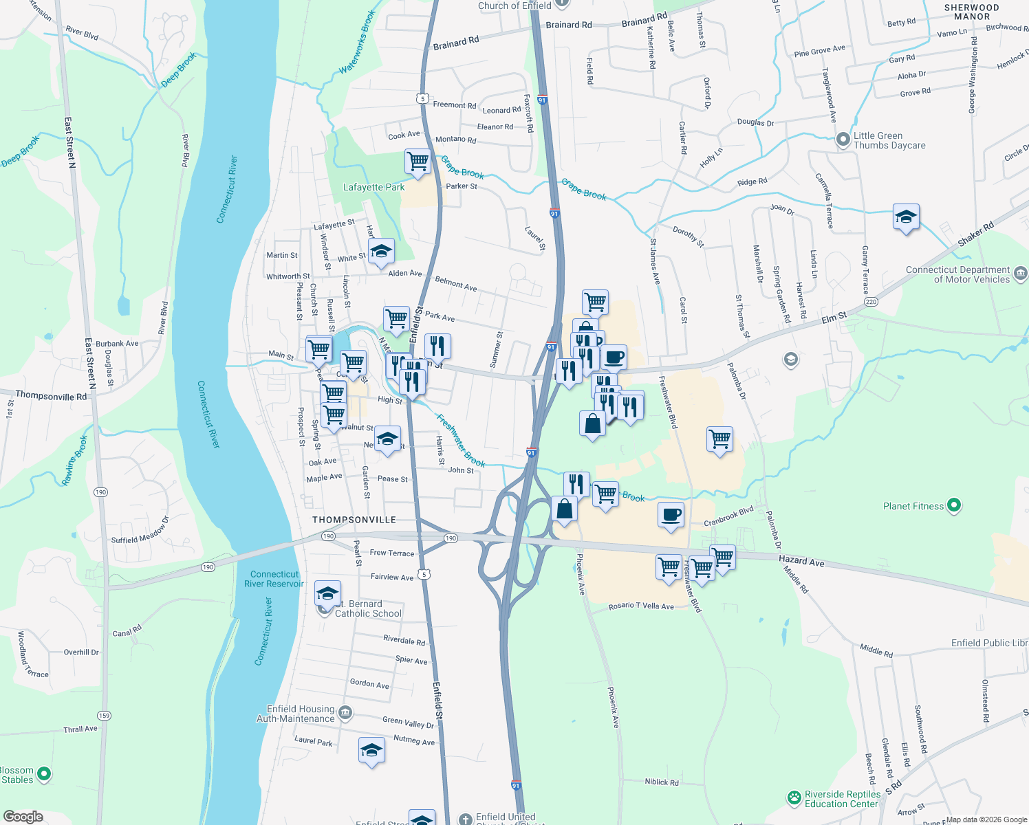 map of restaurants, bars, coffee shops, grocery stores, and more near 34 Lynch Terrace in Enfield