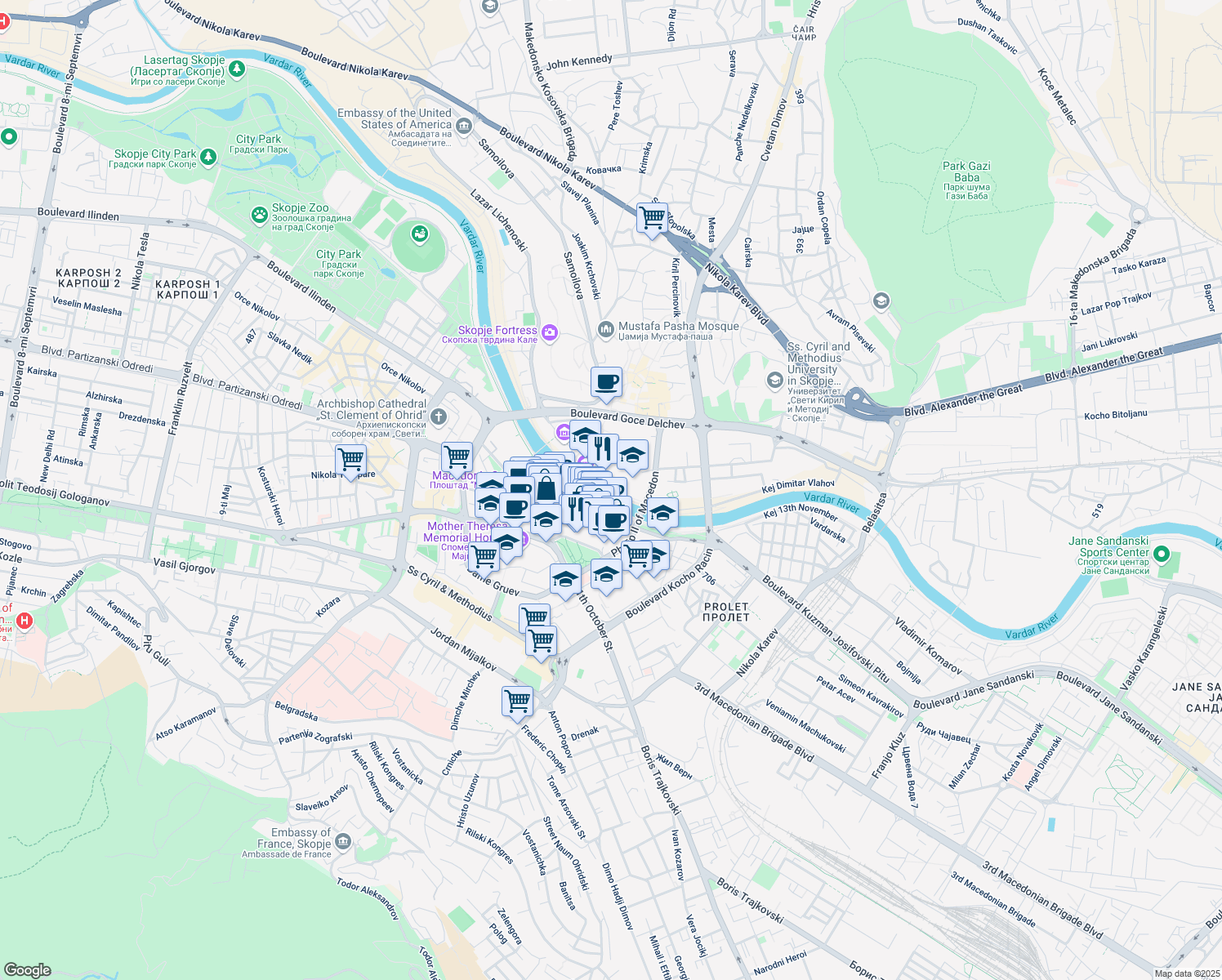 map of restaurants, bars, coffee shops, grocery stores, and more near Kej Dimitar Vlahov in Skopje