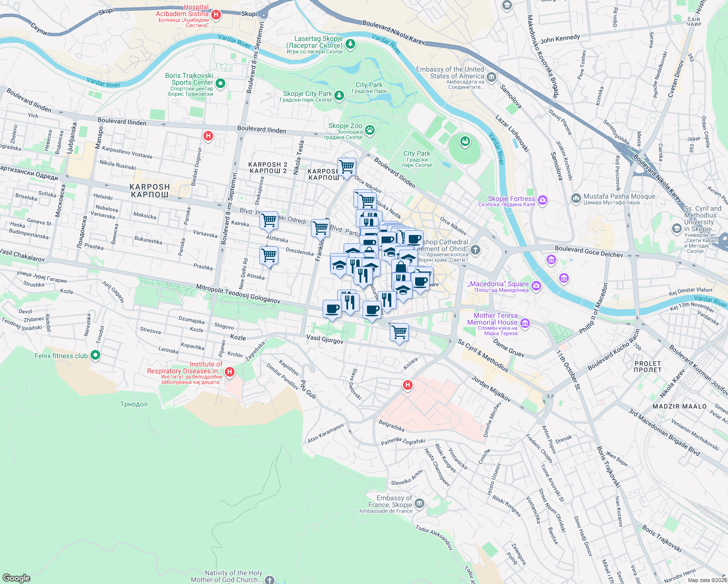 map of restaurants, bars, coffee shops, grocery stores, and more near Petar Pop Arsov in Skopje