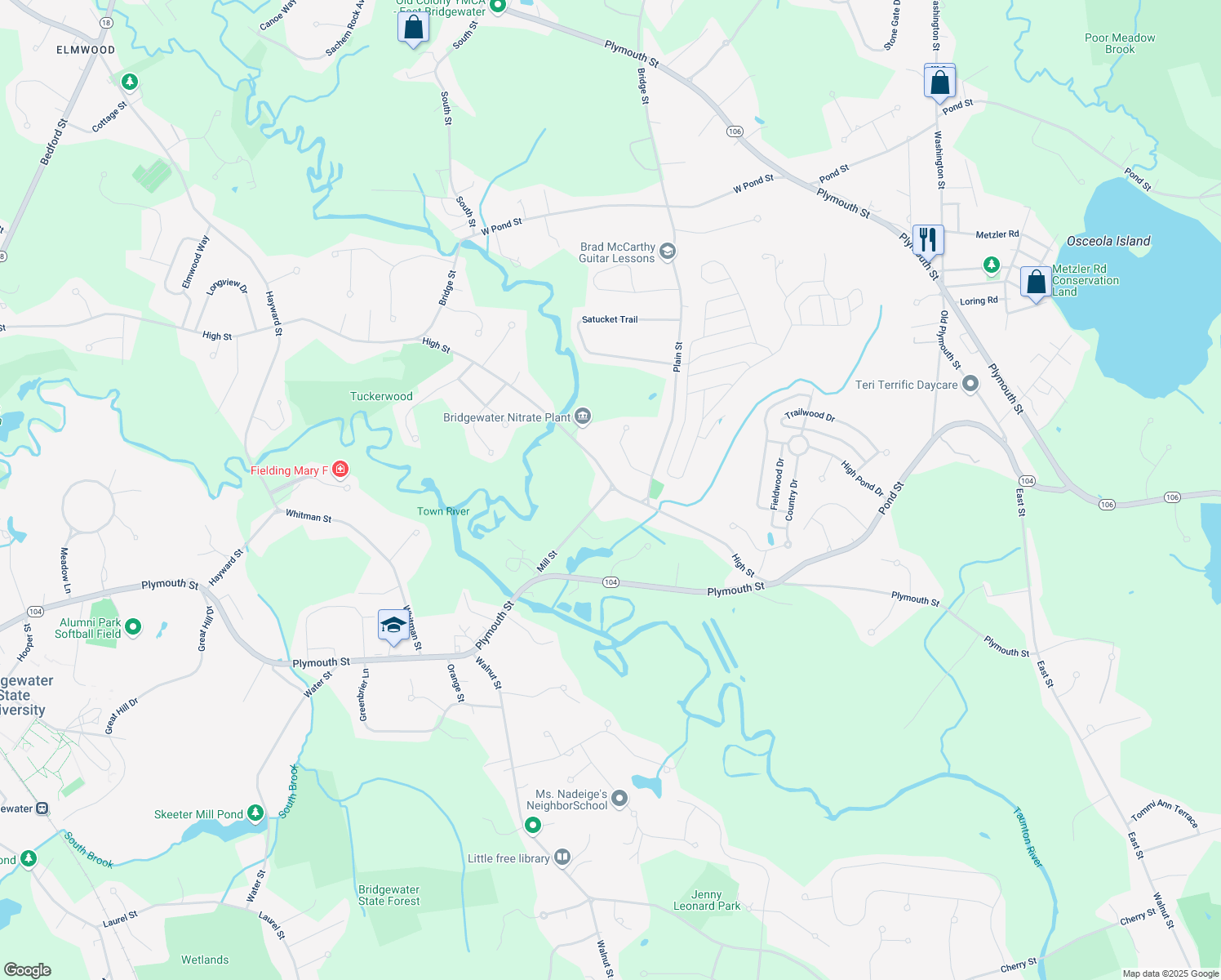 map of restaurants, bars, coffee shops, grocery stores, and more near 95 Mill Street in Bridgewater