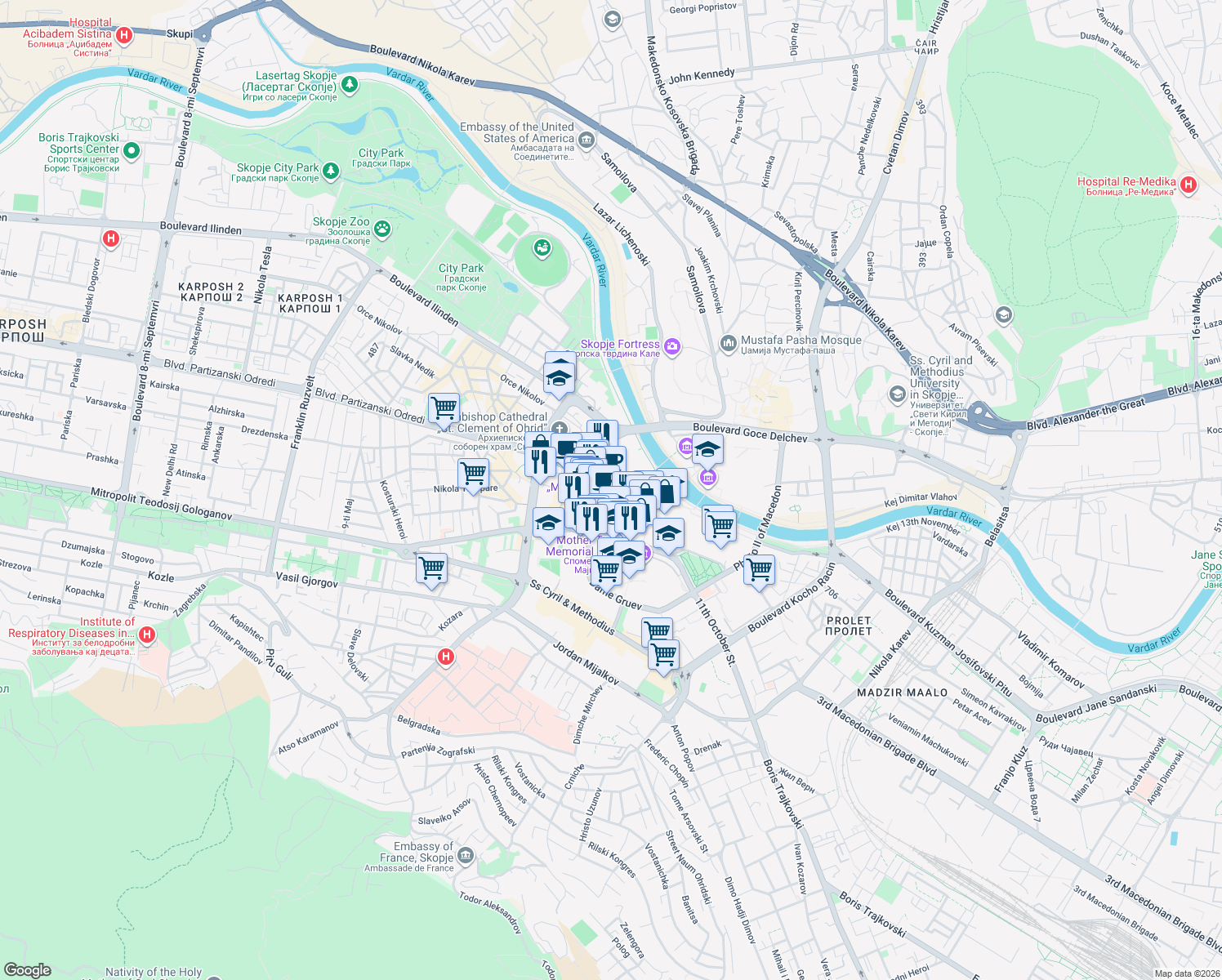 map of restaurants, bars, coffee shops, grocery stores, and more near Nikola Kljusev in Skopje