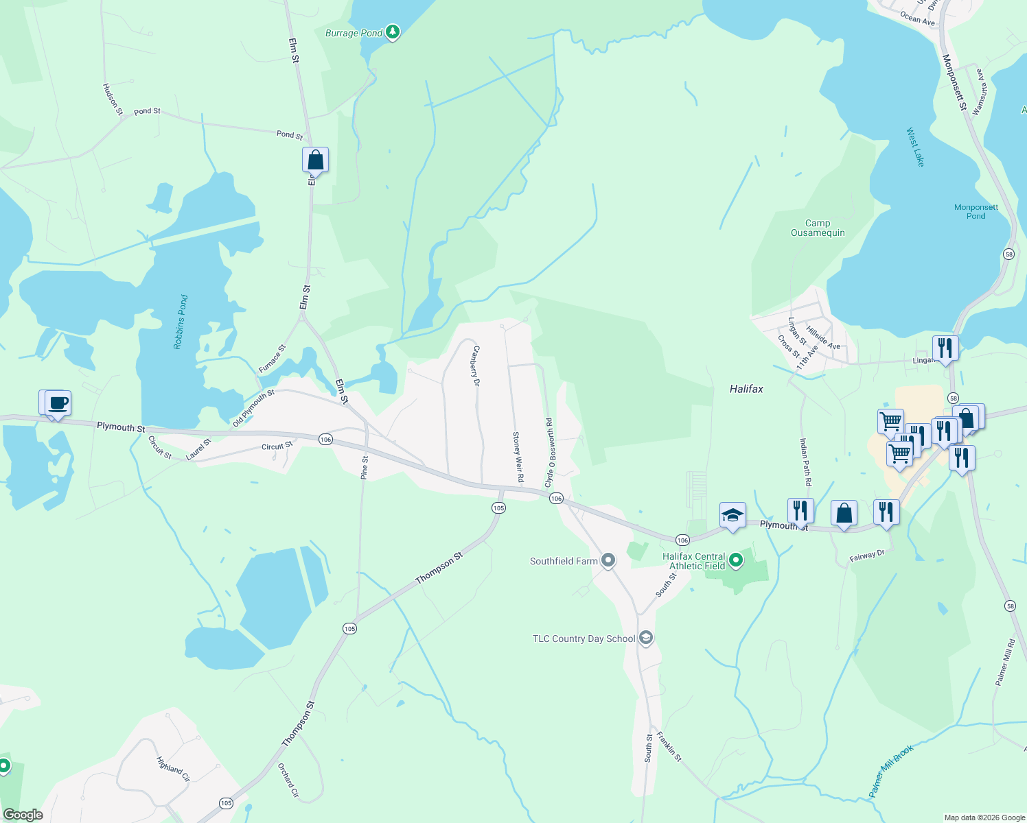 map of restaurants, bars, coffee shops, grocery stores, and more near 69 Stoney Weir Road in Halifax