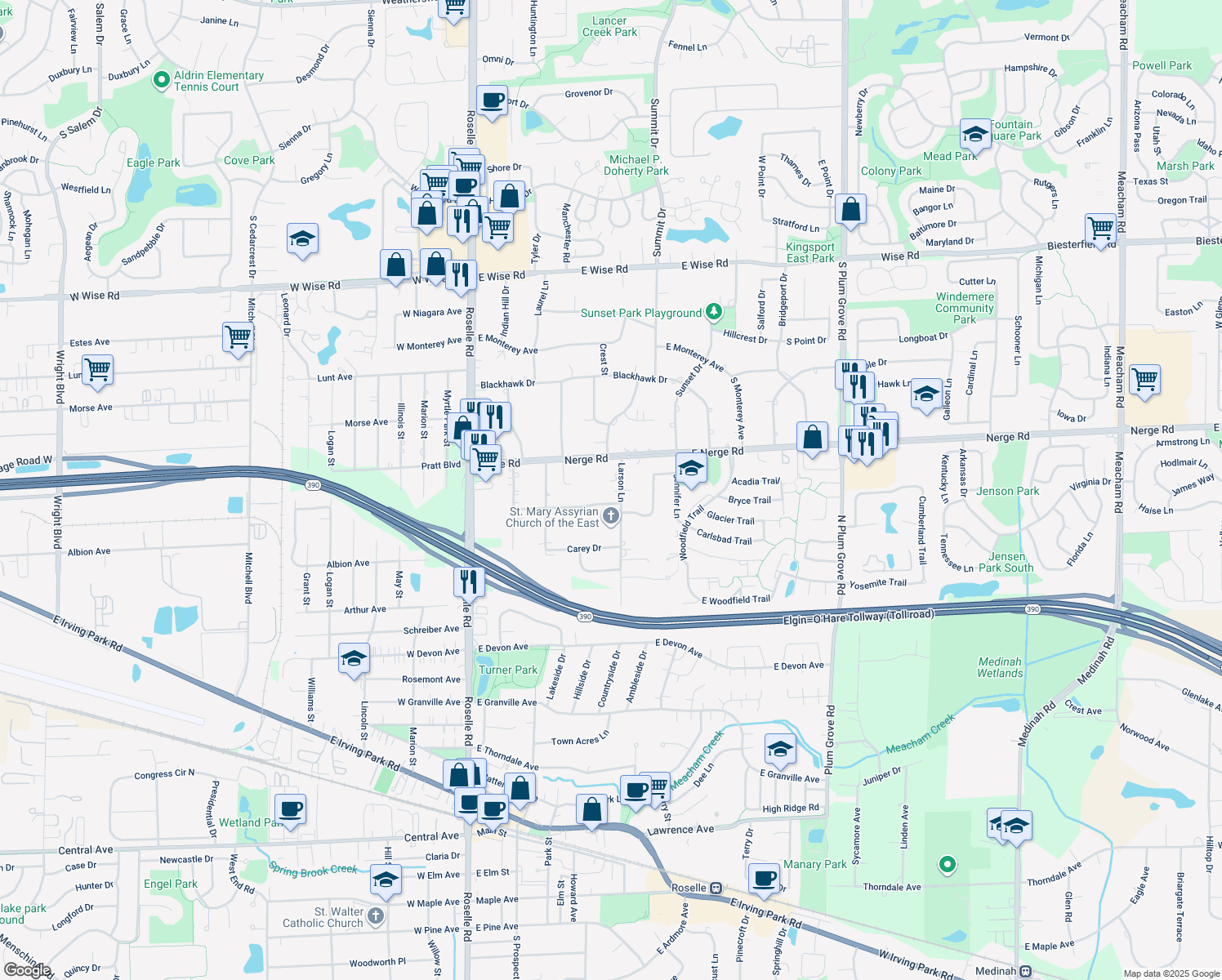 map of restaurants, bars, coffee shops, grocery stores, and more near 1616 Larson Lane in Roselle